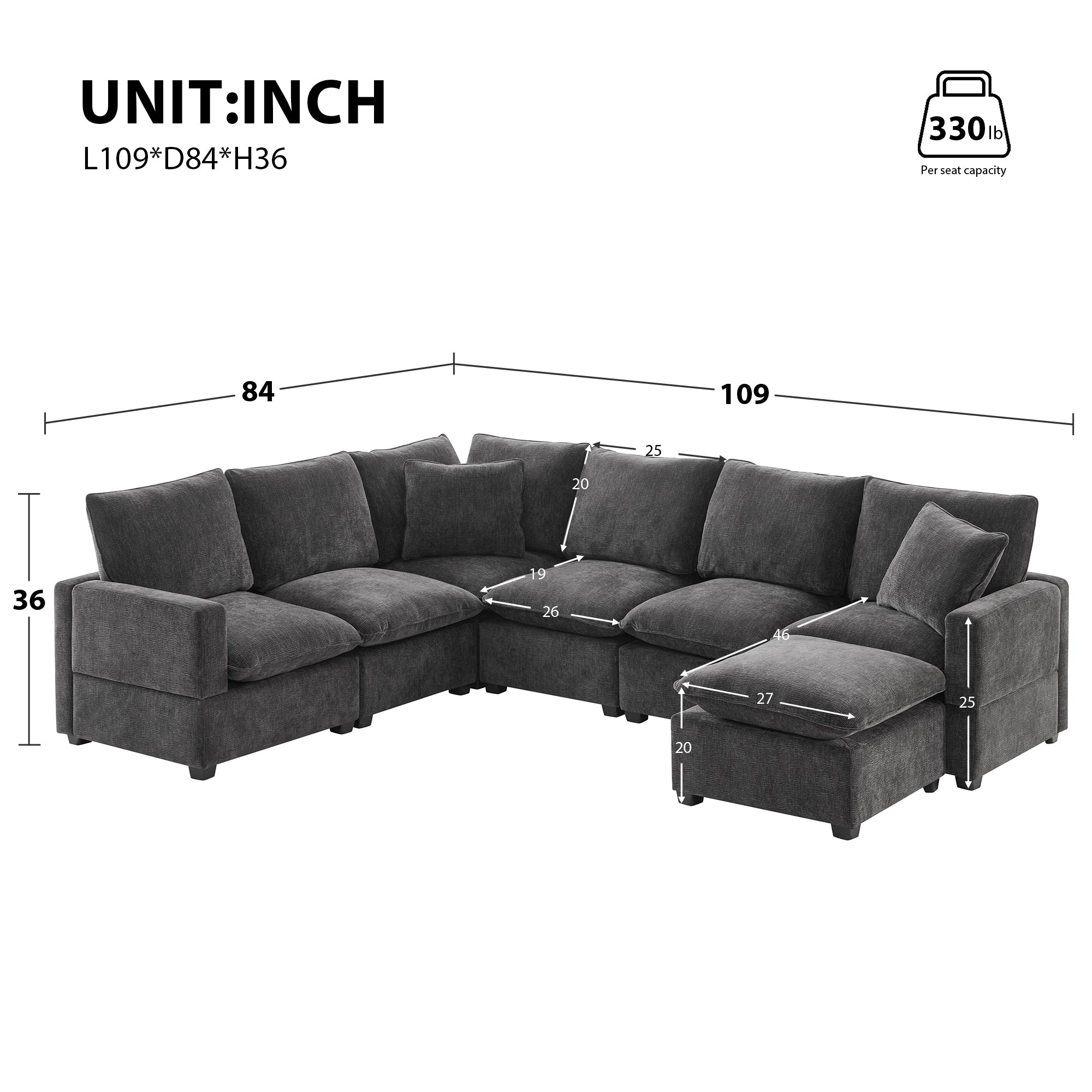 Chenille Modular U-Shape Sectional Sofa, Seats 7