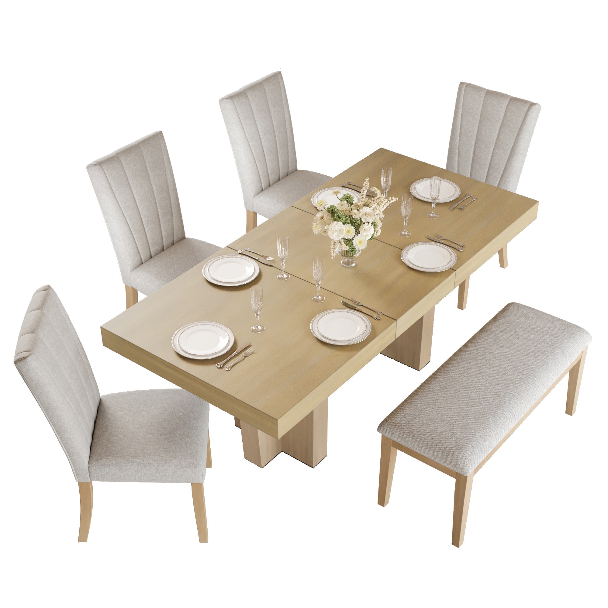 Meadowlark Farmhouse Extendable Wood Dining Table with 4 Upholstered Chairs & Bench