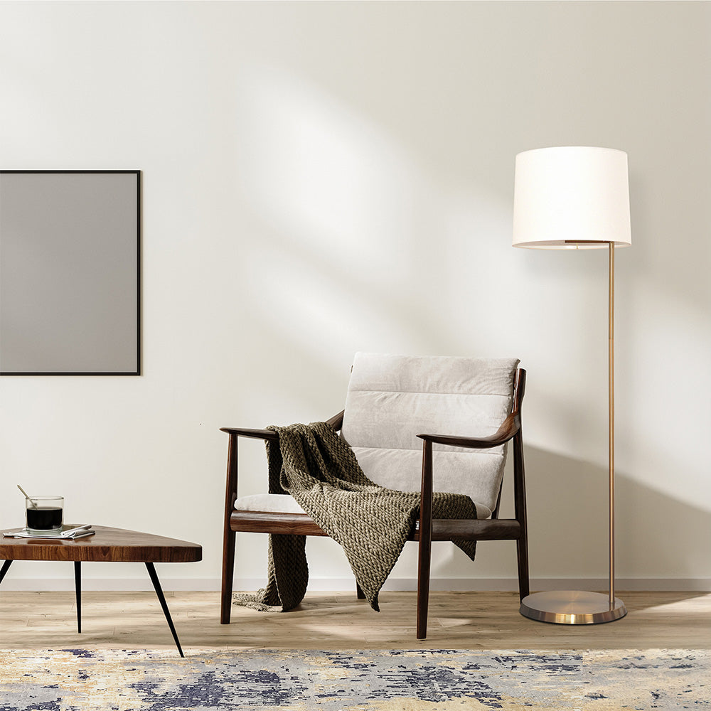 61" Floor Lamp with Drum-Shaped Linen Shade and Brass Base