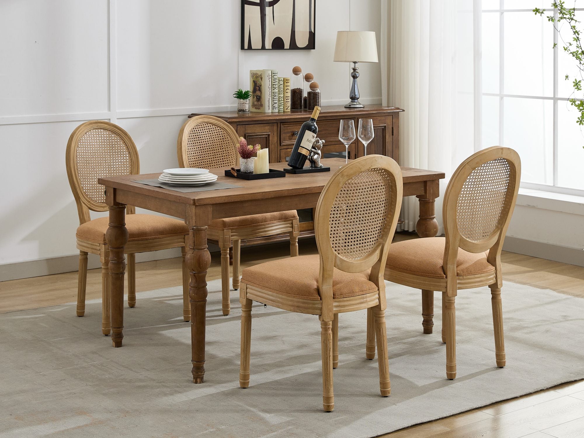 French Country Dining Chairs with Round Rattan Backrest, Set of 2