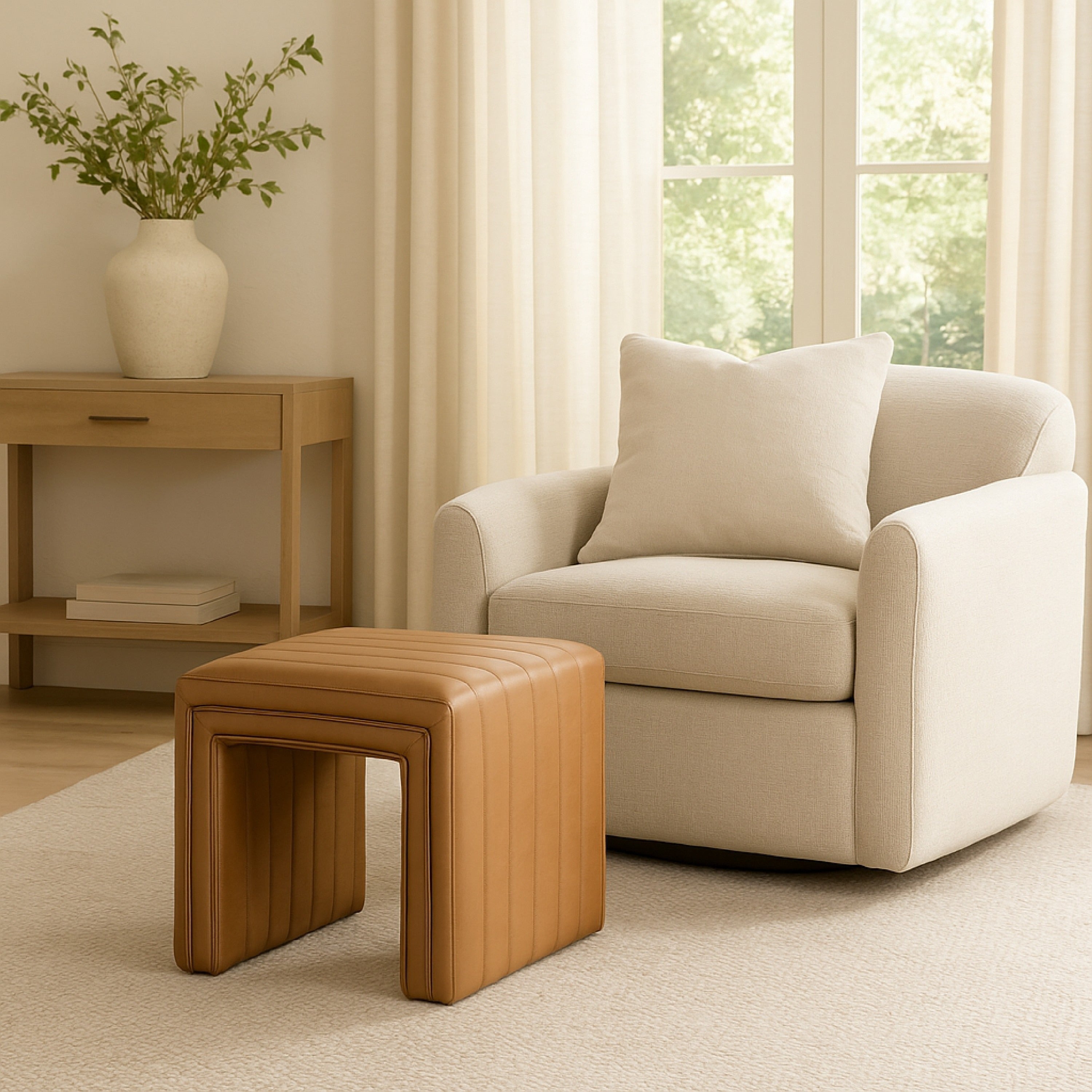 Ada Channel Tuft Caramel Brown Faux Leather Ottoman