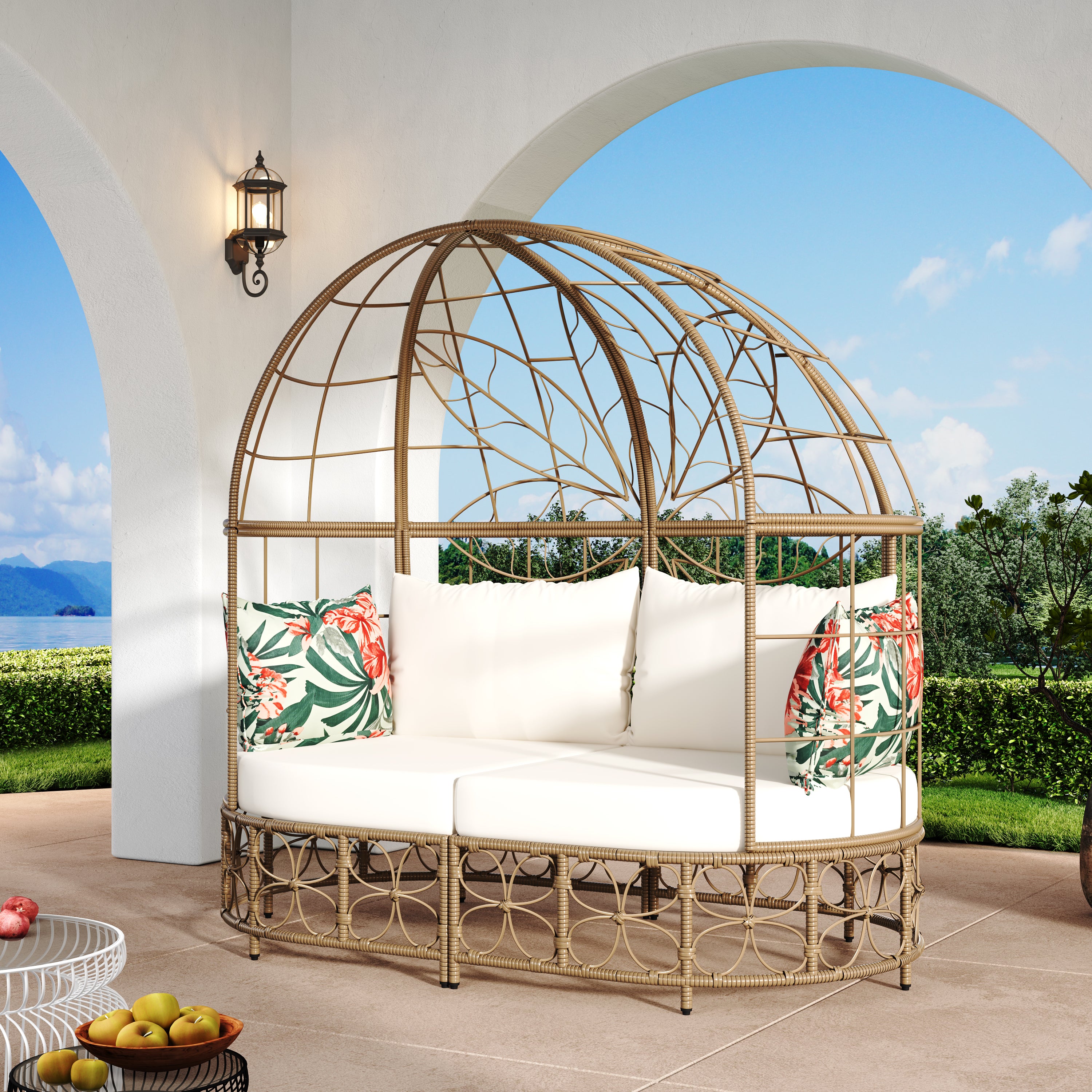 Outdoor Daybed with Curtain and Floral Pattern