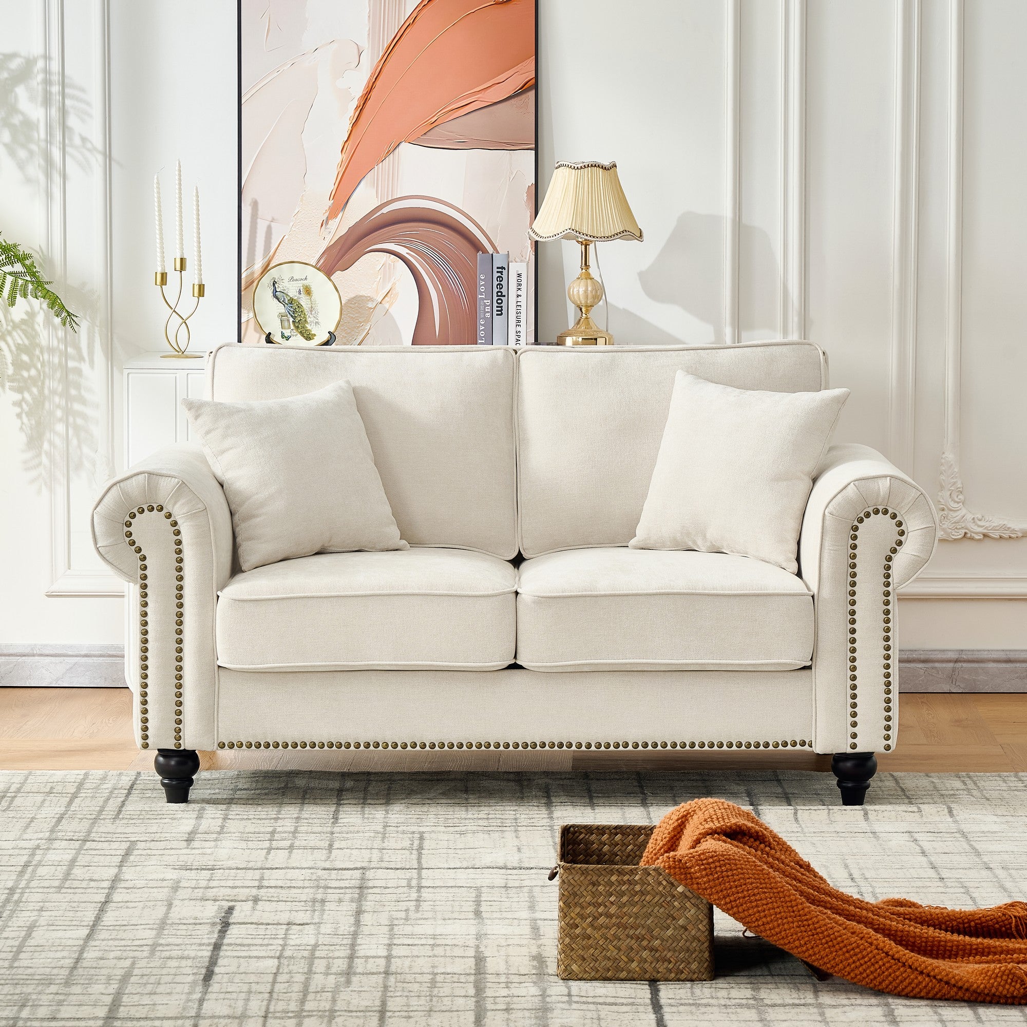 Modern 63" 2-Seater Sofa with Tufted Upholstery, Rolled Arms, and Nailhead Trim