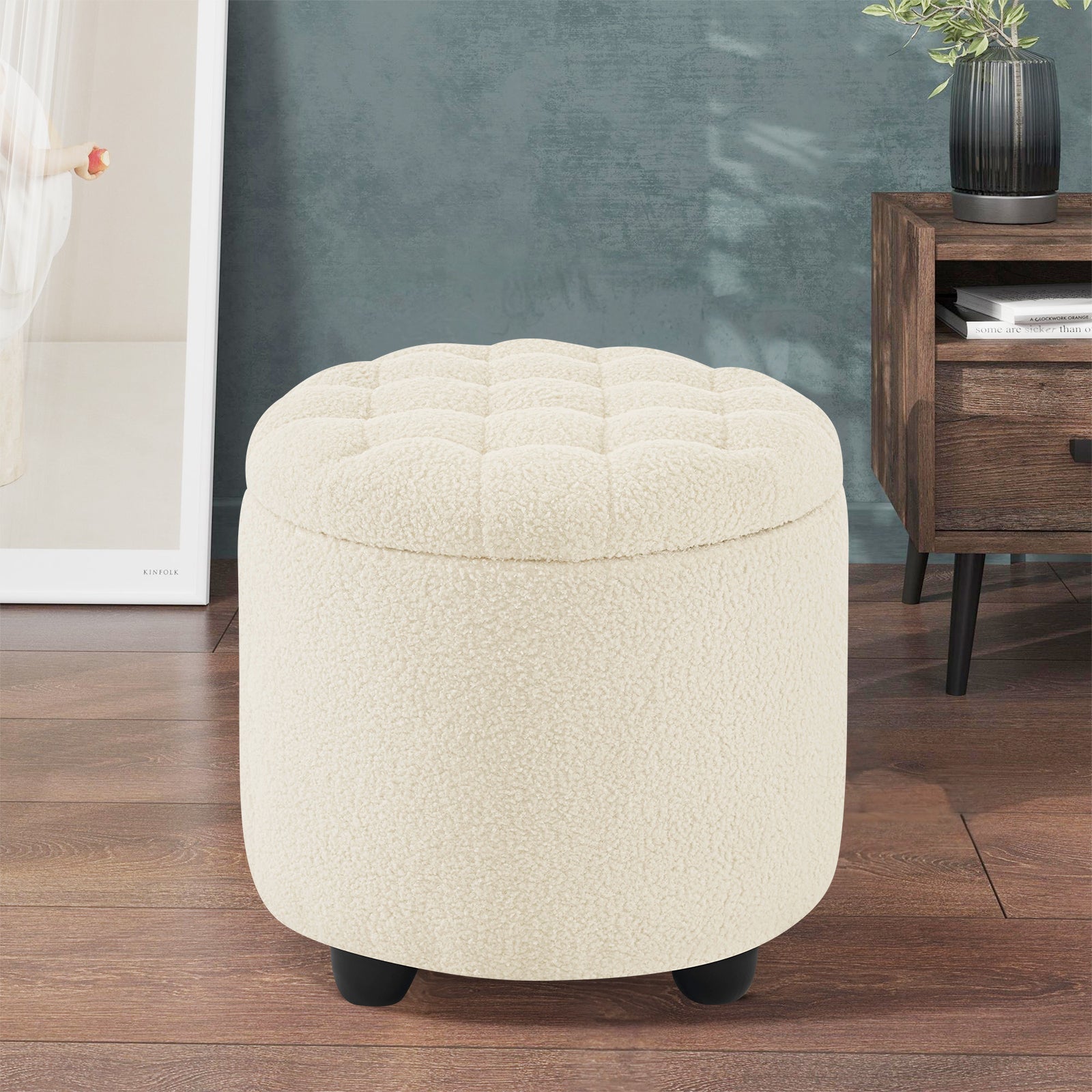 Small Upholstered Circle Pouf Footstool with Removable Lid Storage
