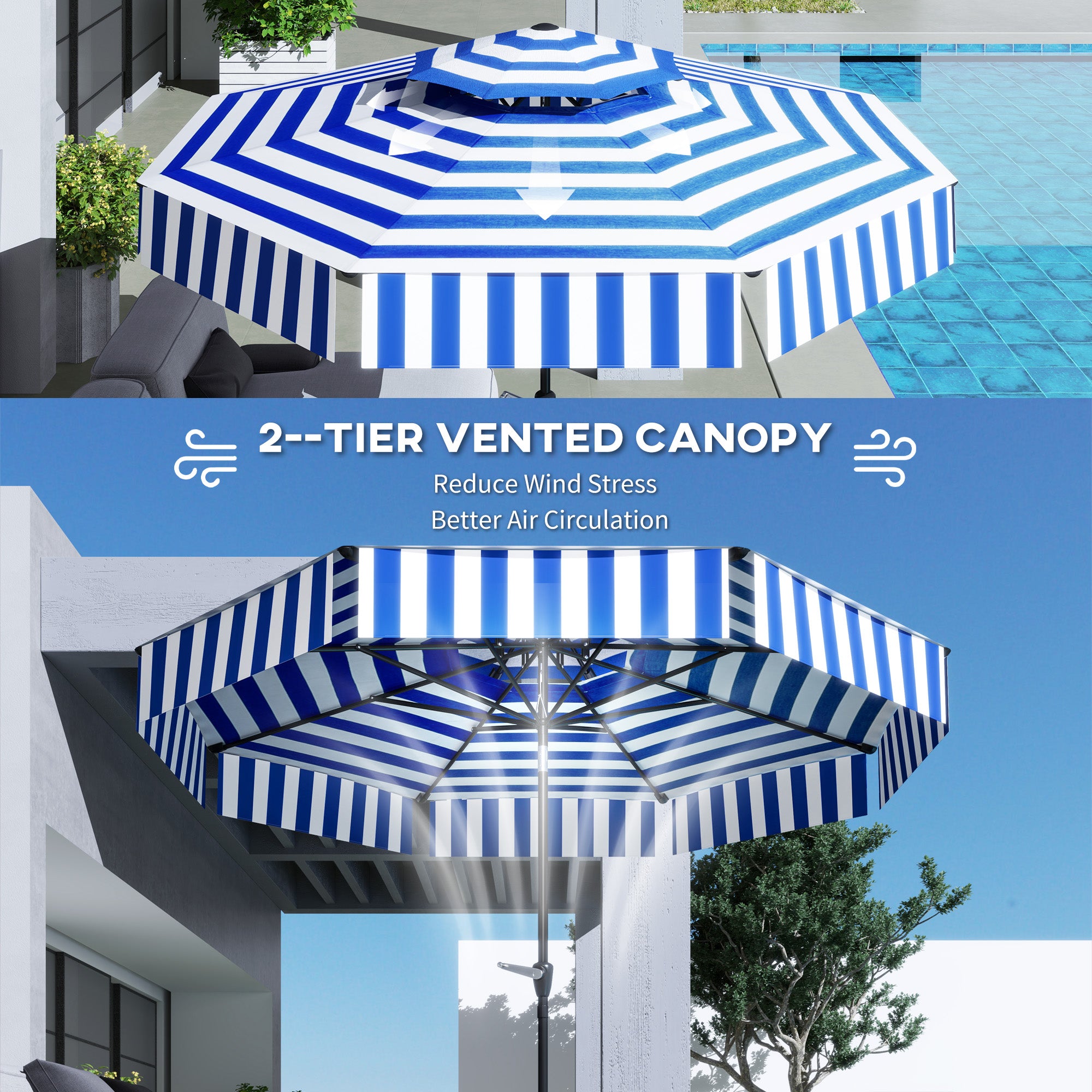 Bistro Stripe 2-Tier Vented Tiltable Patio Umbrella with Crank