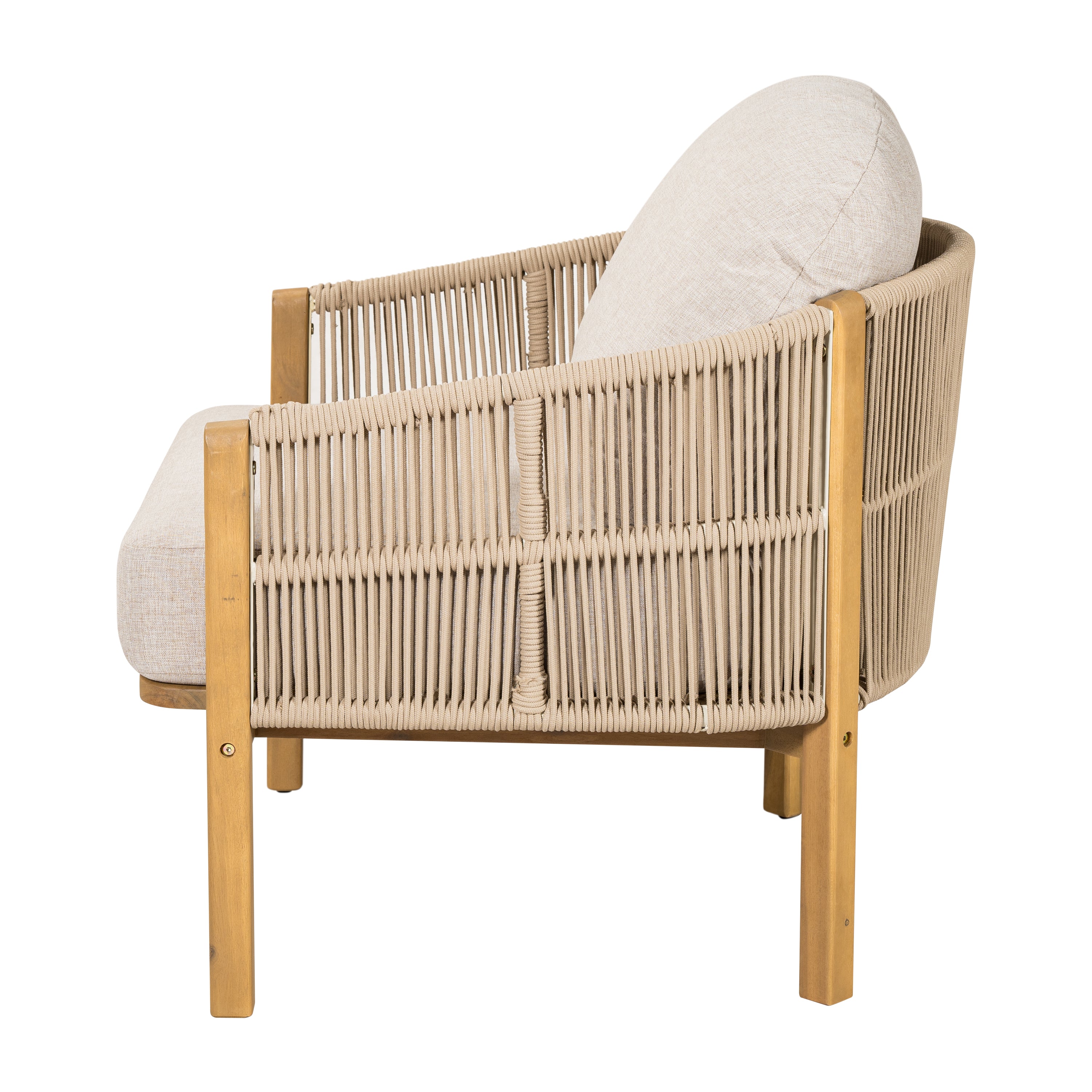 Grotta Outdoor Wood Club Chair, Beige Rope with Beige Cushion