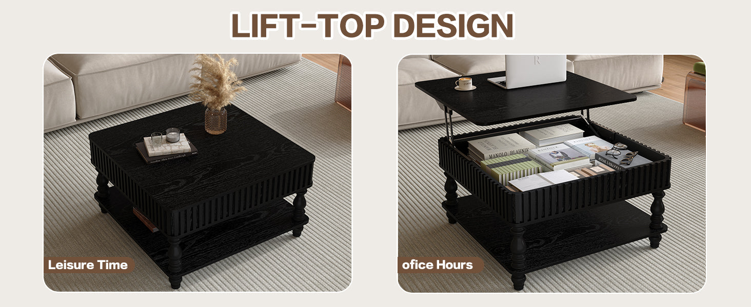 Square Fluted Lift-Top Coffee Table with Hidden & Open Storage