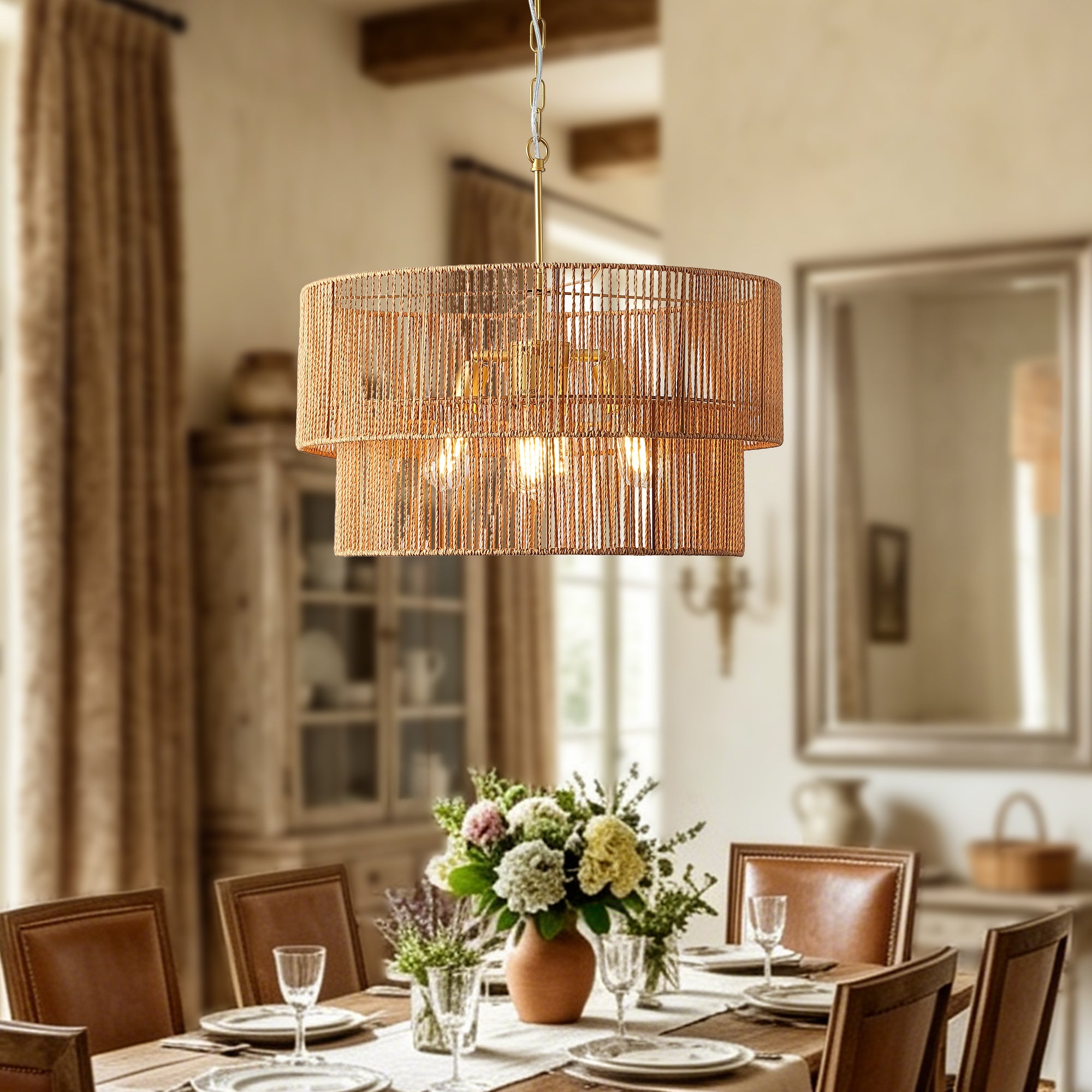 Handwoven Rattan Chandelier, 2-Tier Boho Wabi-Sabi Pendant Light