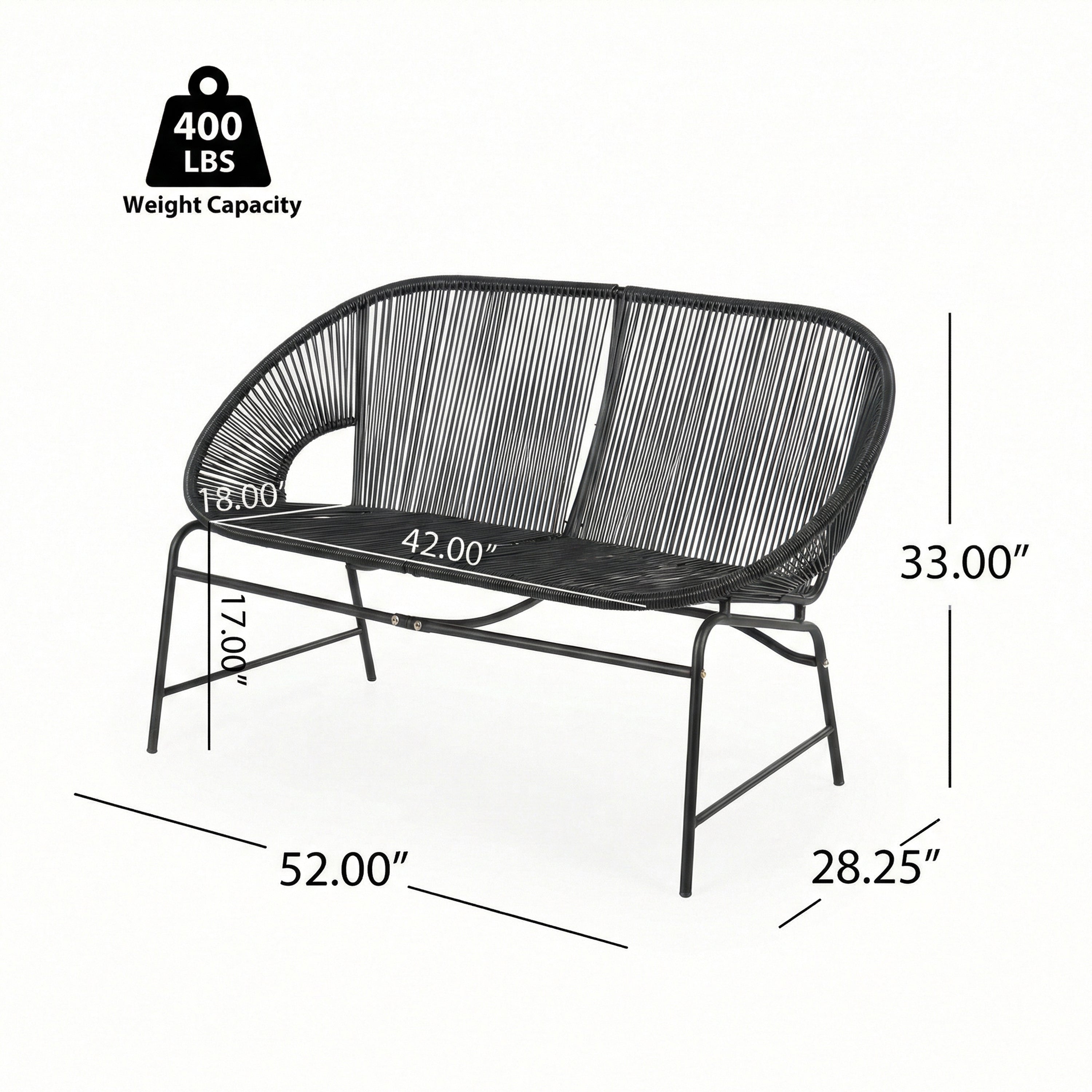 CONDESSA OUTDOOR PATIO WICKER LOVE SEAT, GREEN PE RATTAN & IRON FRAME, SET OF 1