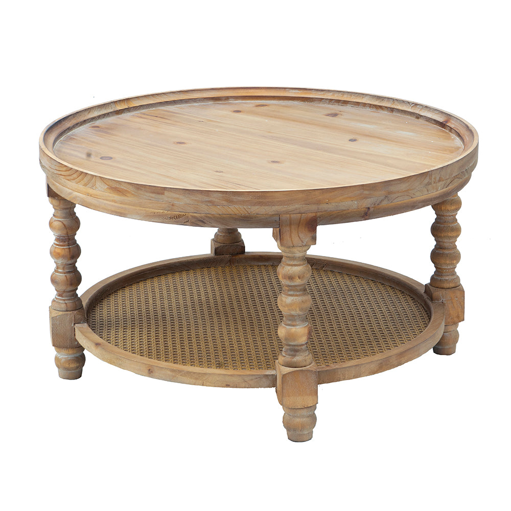 Round End Table with Bottom Shelf and Turned Legs