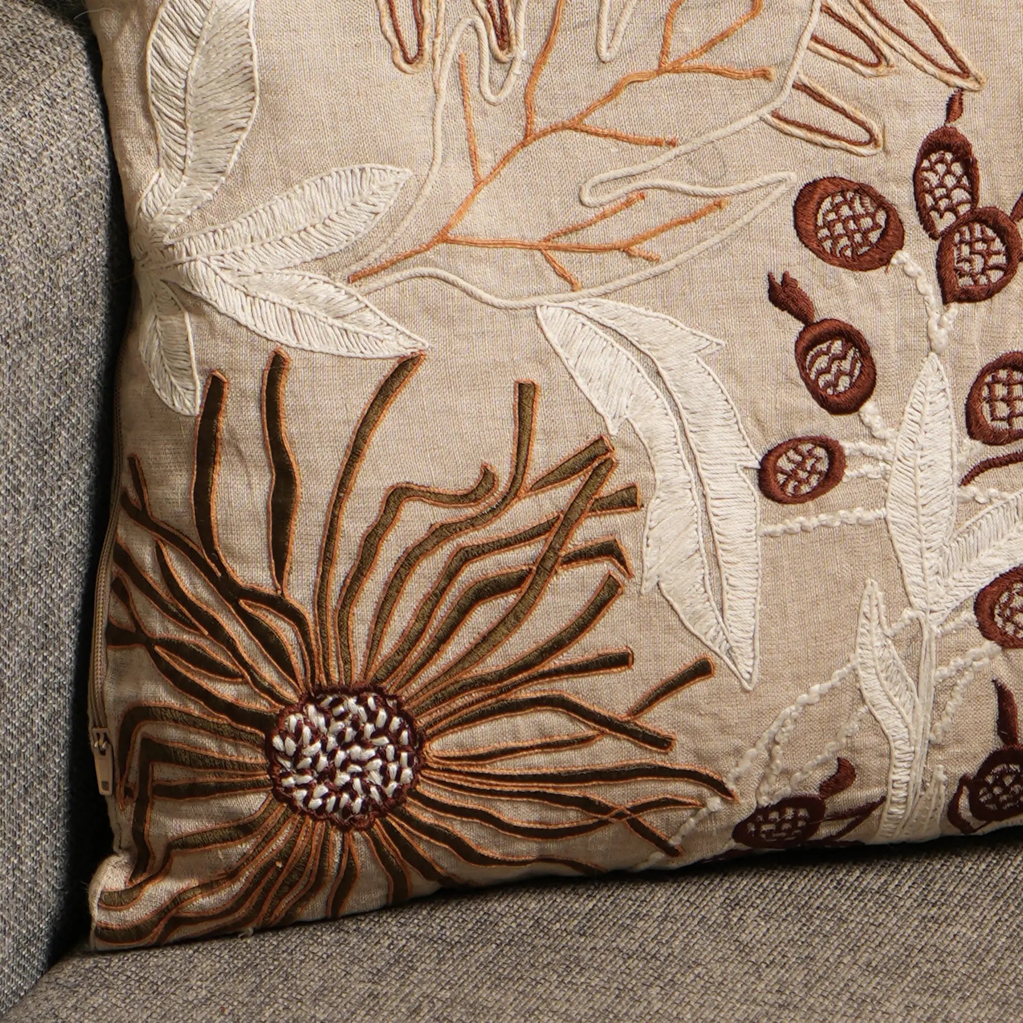 100% Linen Floral Embroidered Cushion