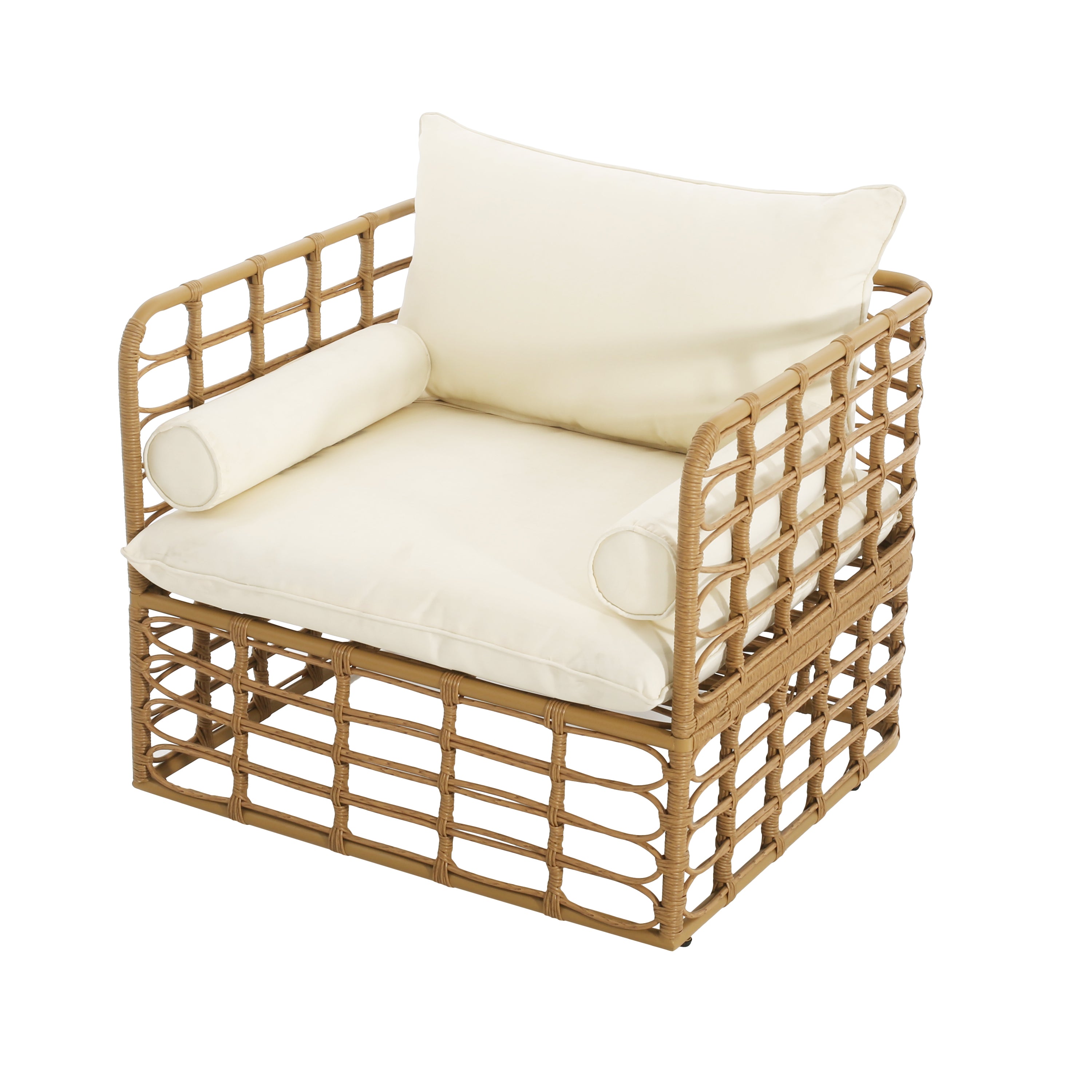 Blithely Outdoor Rattan Accent Chair with Cushions and Open Weave Boho Design