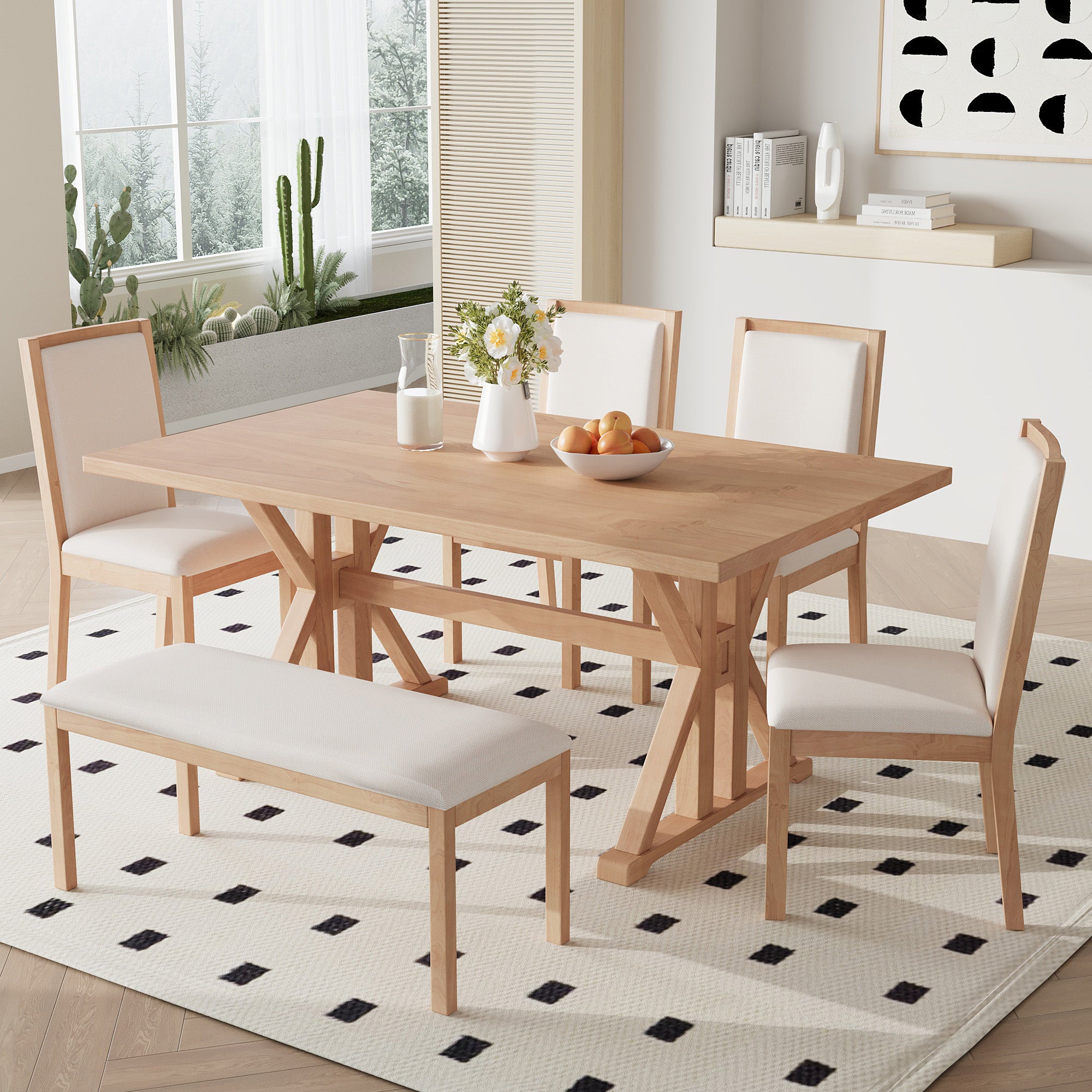 6-Piece Dining Set with Trestle Base, Upholstered Dining Bench and 4 Chairs