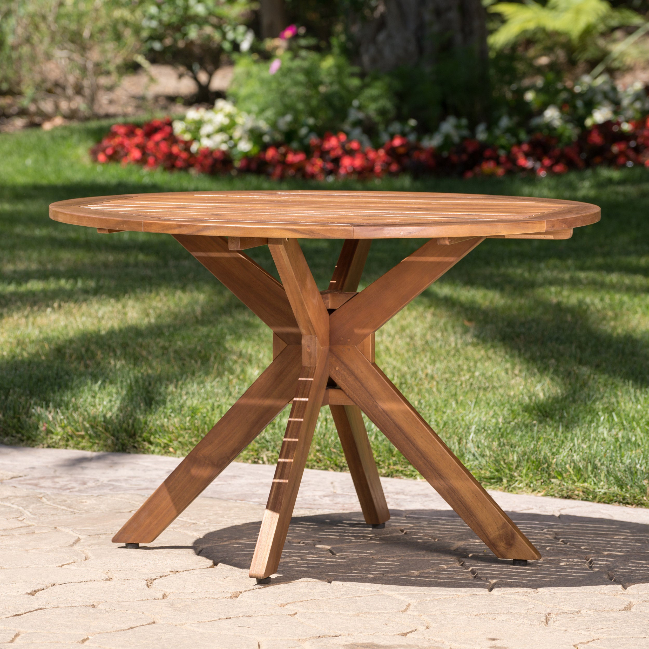 Stanford Outdoor Round Acacia Wood Dining Table with X Base