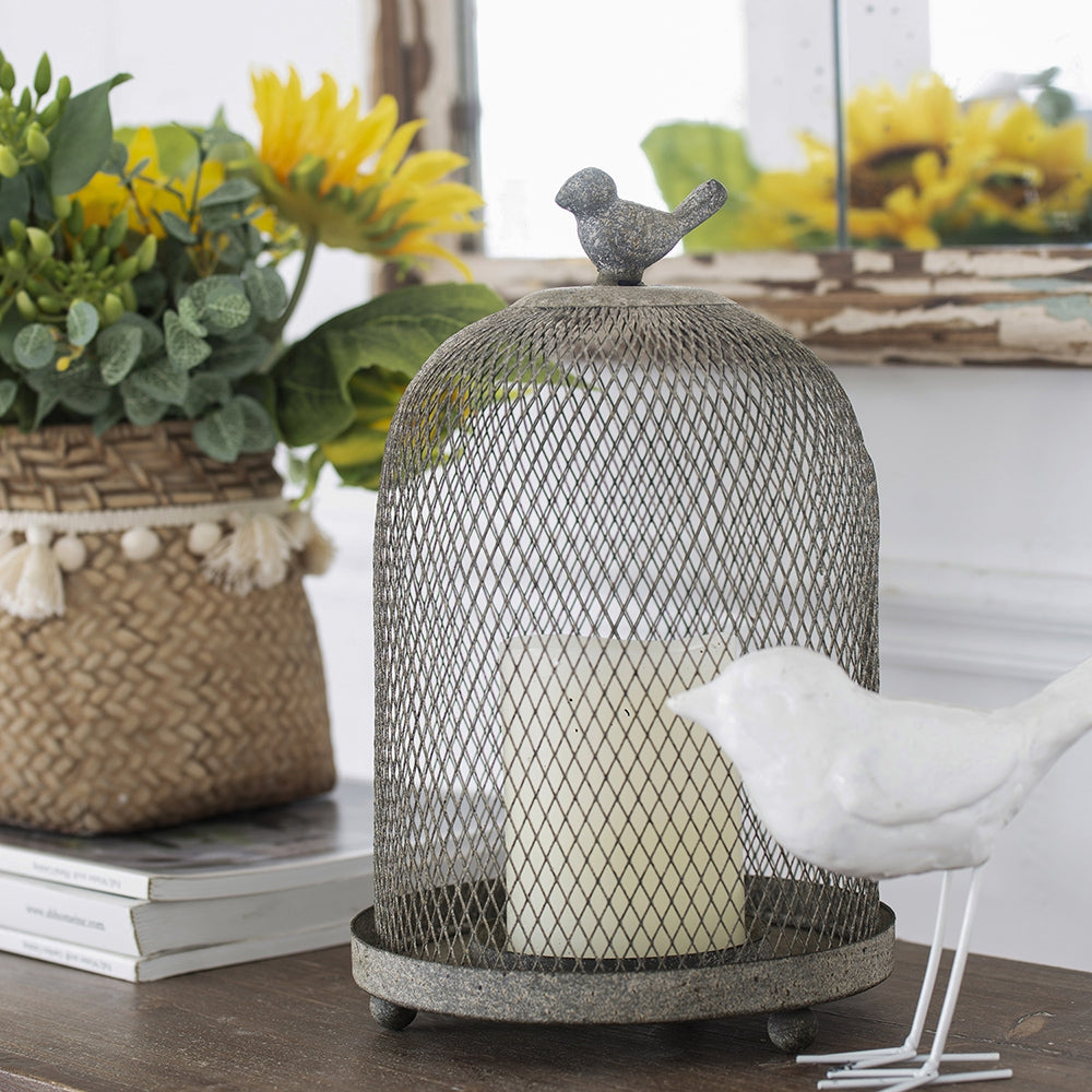 Candle Holder with a Bird Atop Domed Mesh, Set of 2