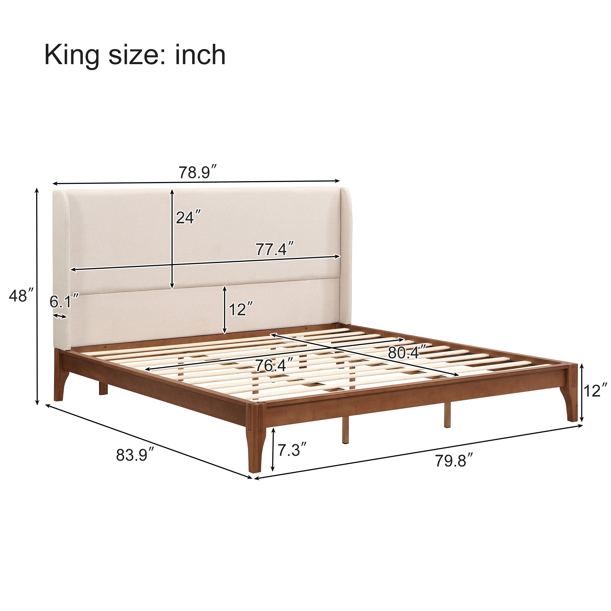 Solid Dry Bamboo Wood Platform Bed with 48" Upholstered High Headboard