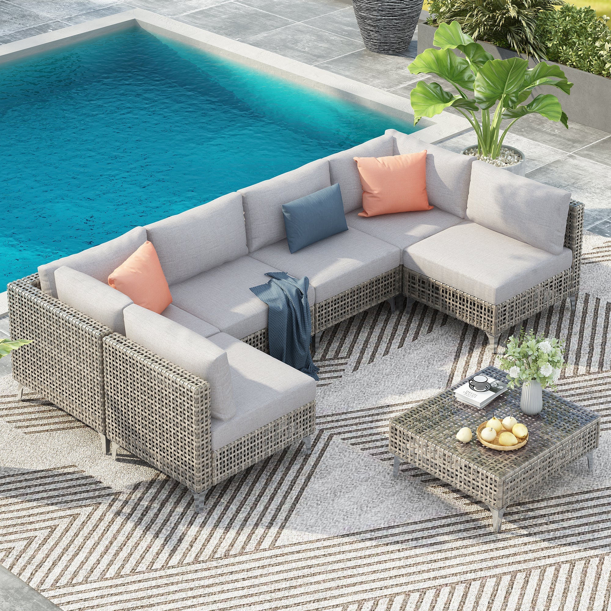7-Piece Outdoor Wicker Sectional Sofa with Water Resistant Cushions and Coffee Table