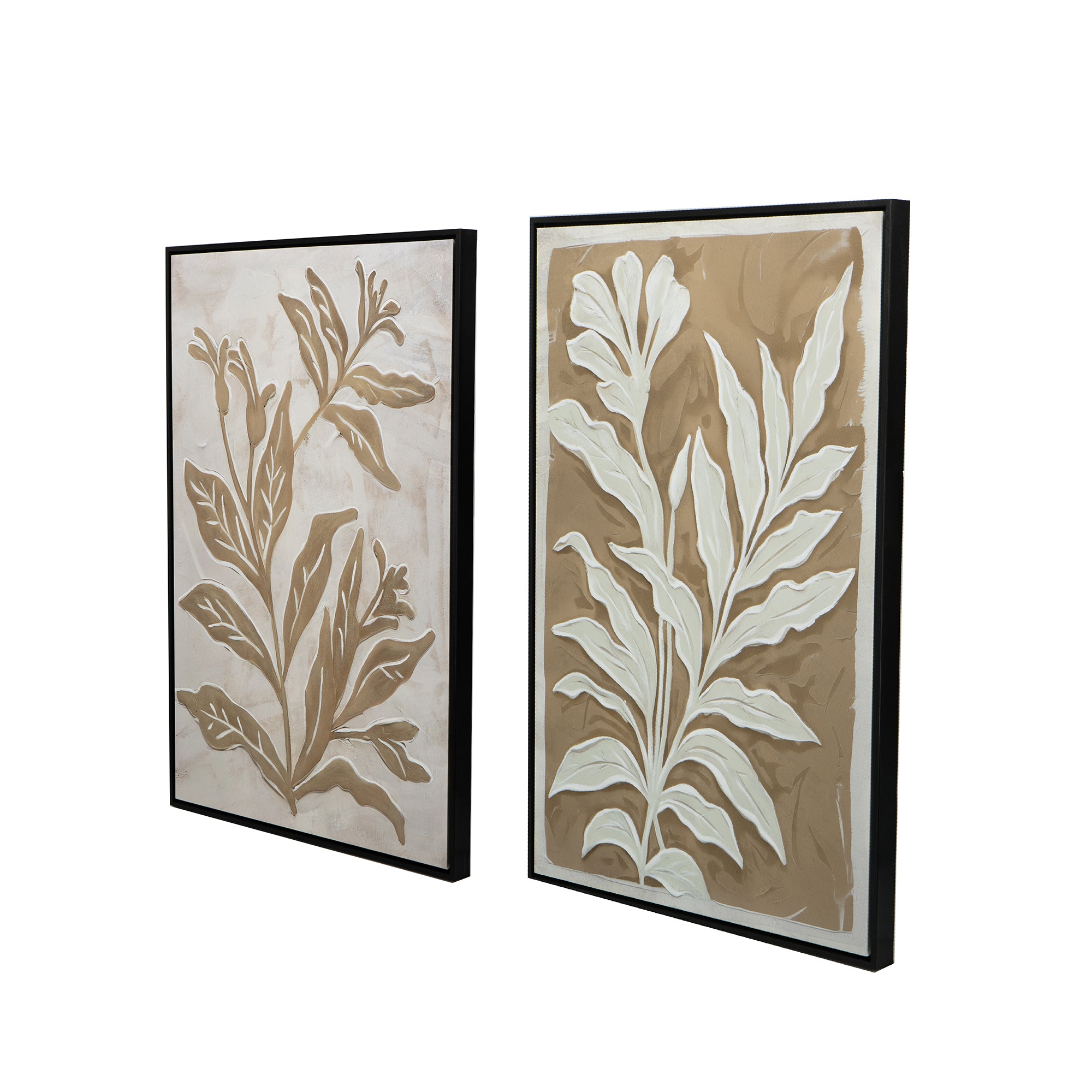 Brown and White Minimalist Leaf Paintings with Black Frame, Set of 2