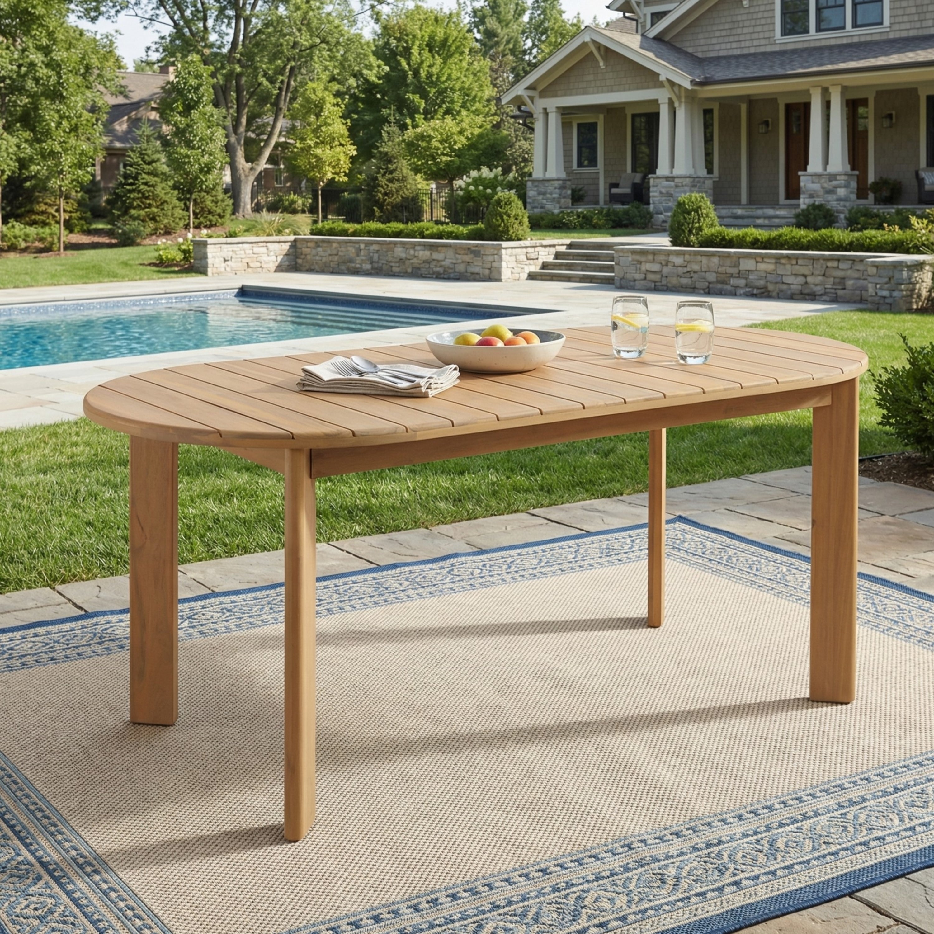Woodside Oval Outdoor Dining Table with Light Teak Finish