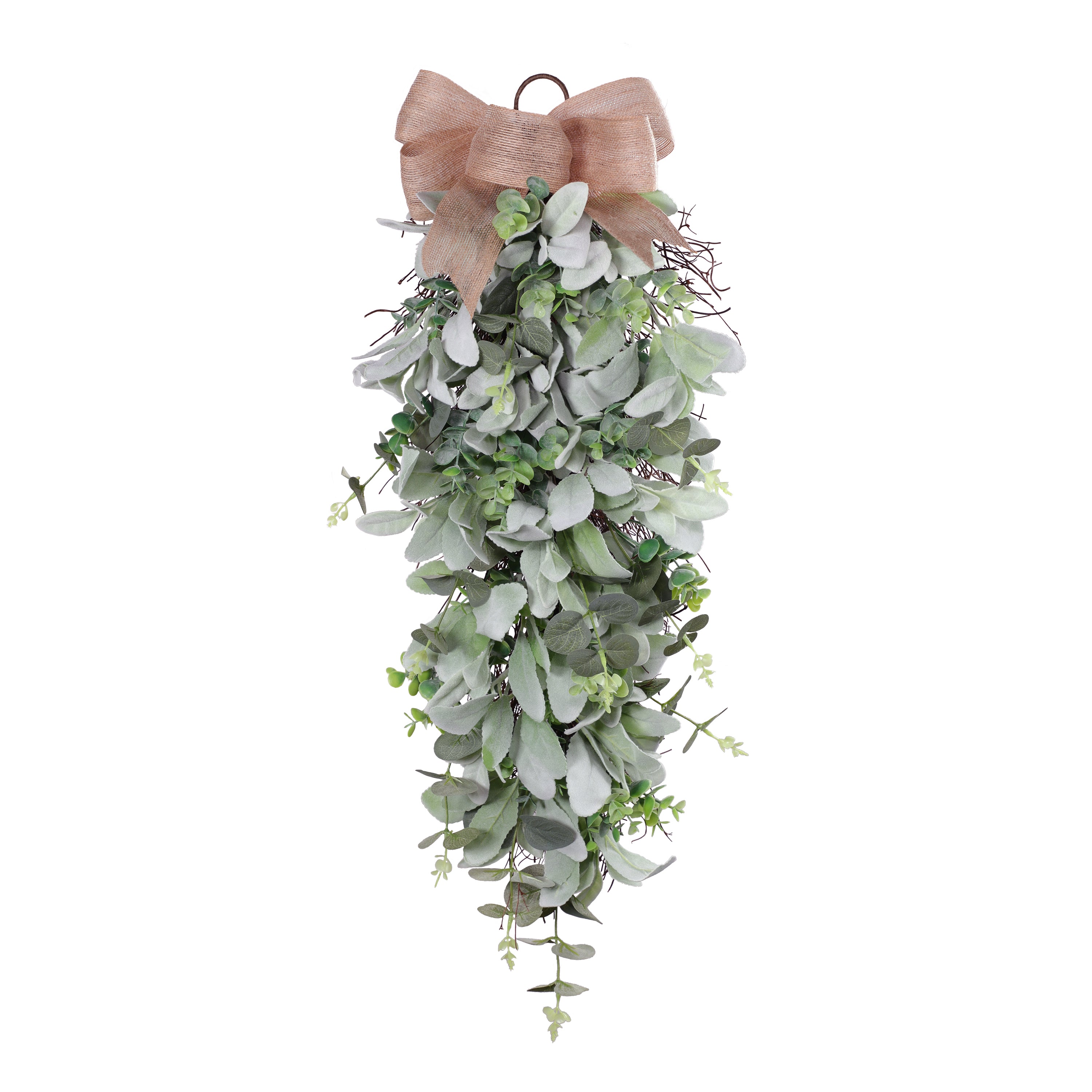 30" Front Door Swag with Burlap Bow & Lambs Ear & Greenery Leaves