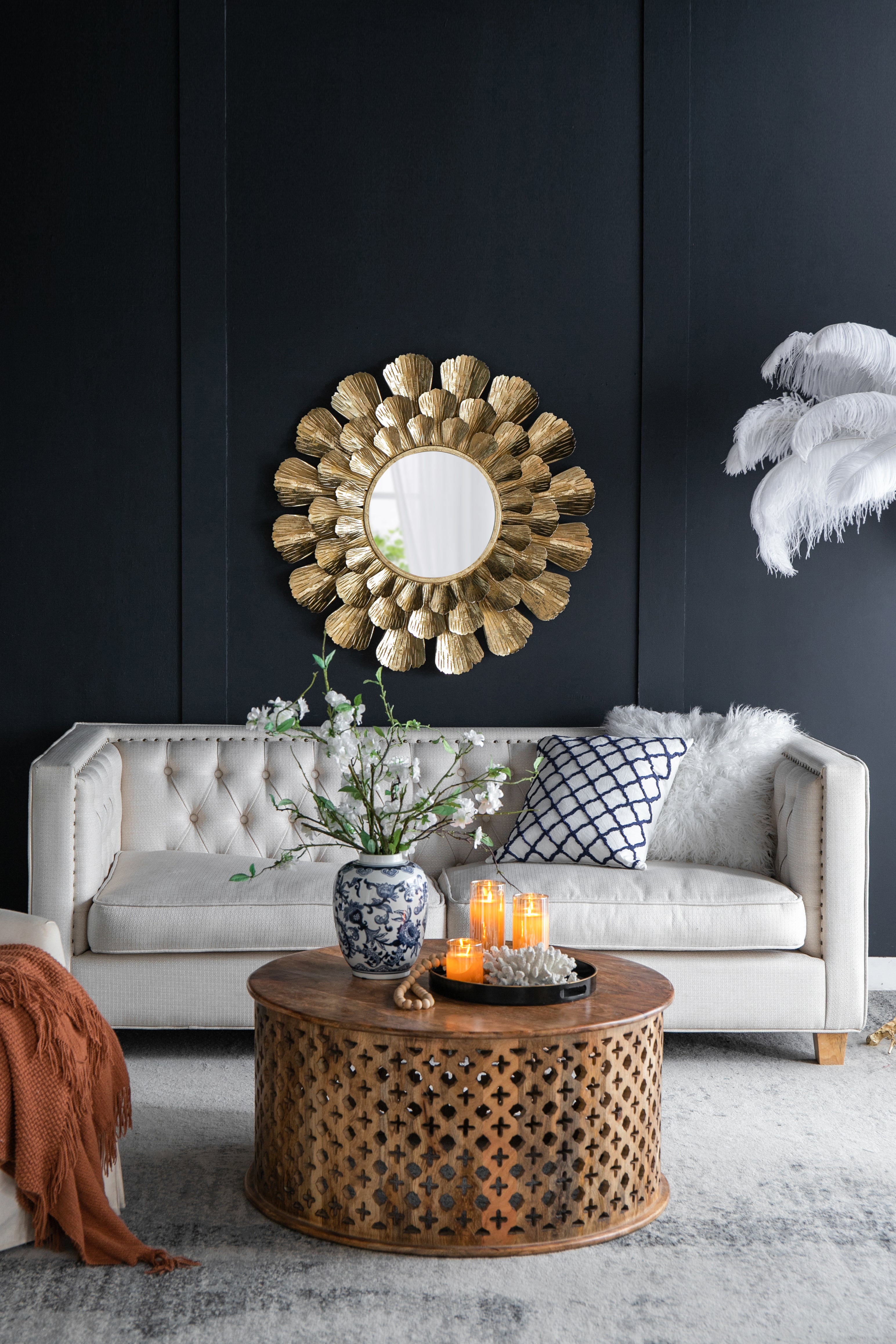 37" Round Metal Mirror with Trumpeting Florals Design