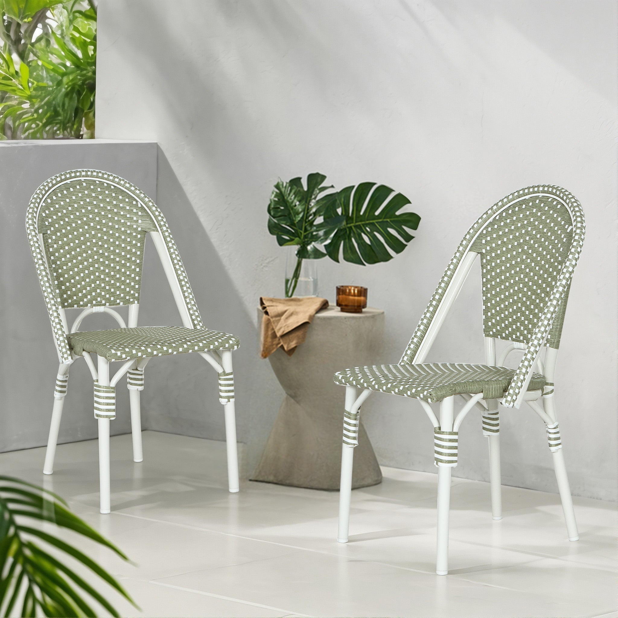 French Bistro Outdoor Dining Chairs, Set of 2 Green & White