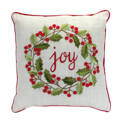 Joy Embroidered Holly Berry Wreath Throw Pillow 15"