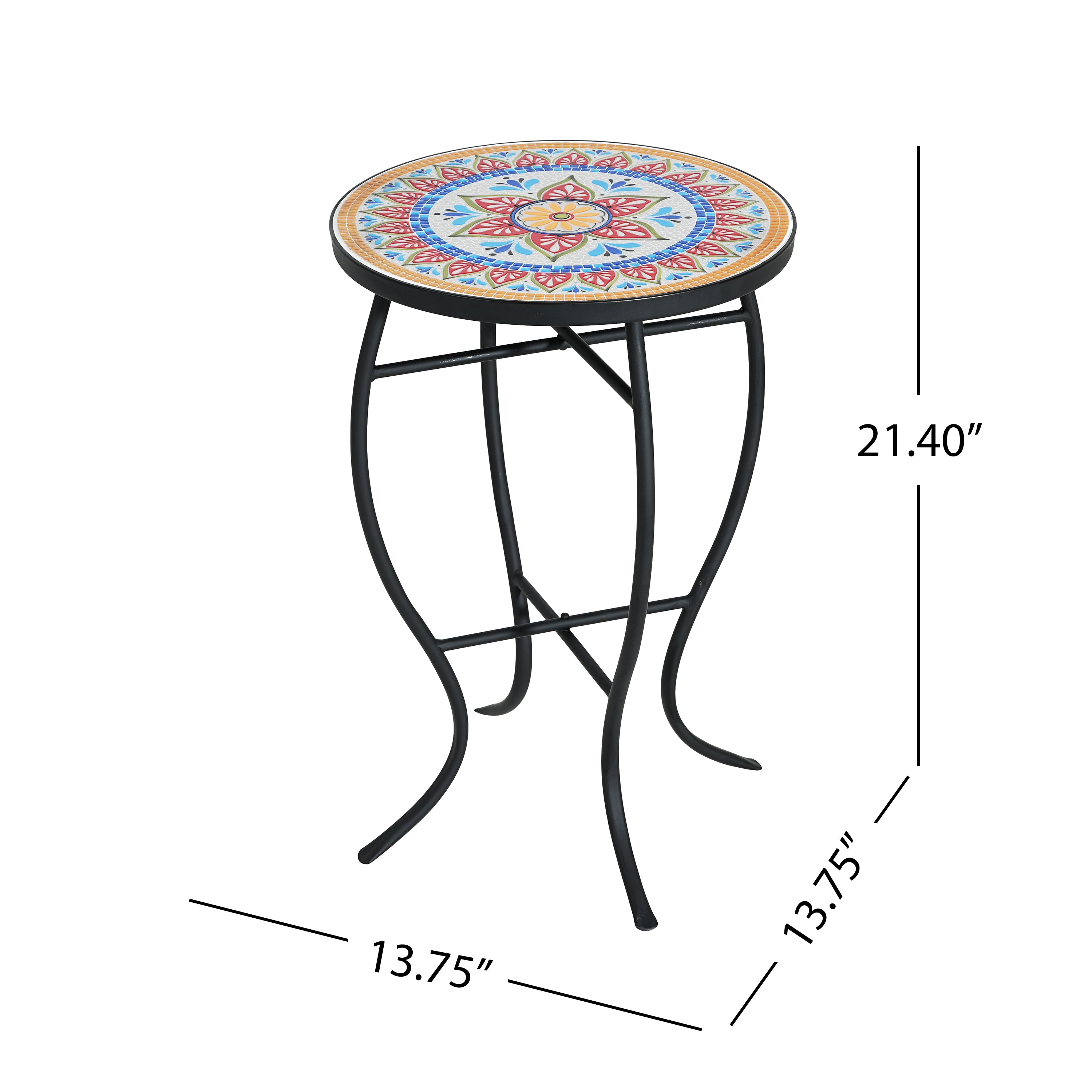 Outdoor Round Side Table with Mosaic-Style Top and Curved Iron Legs - Multi-color