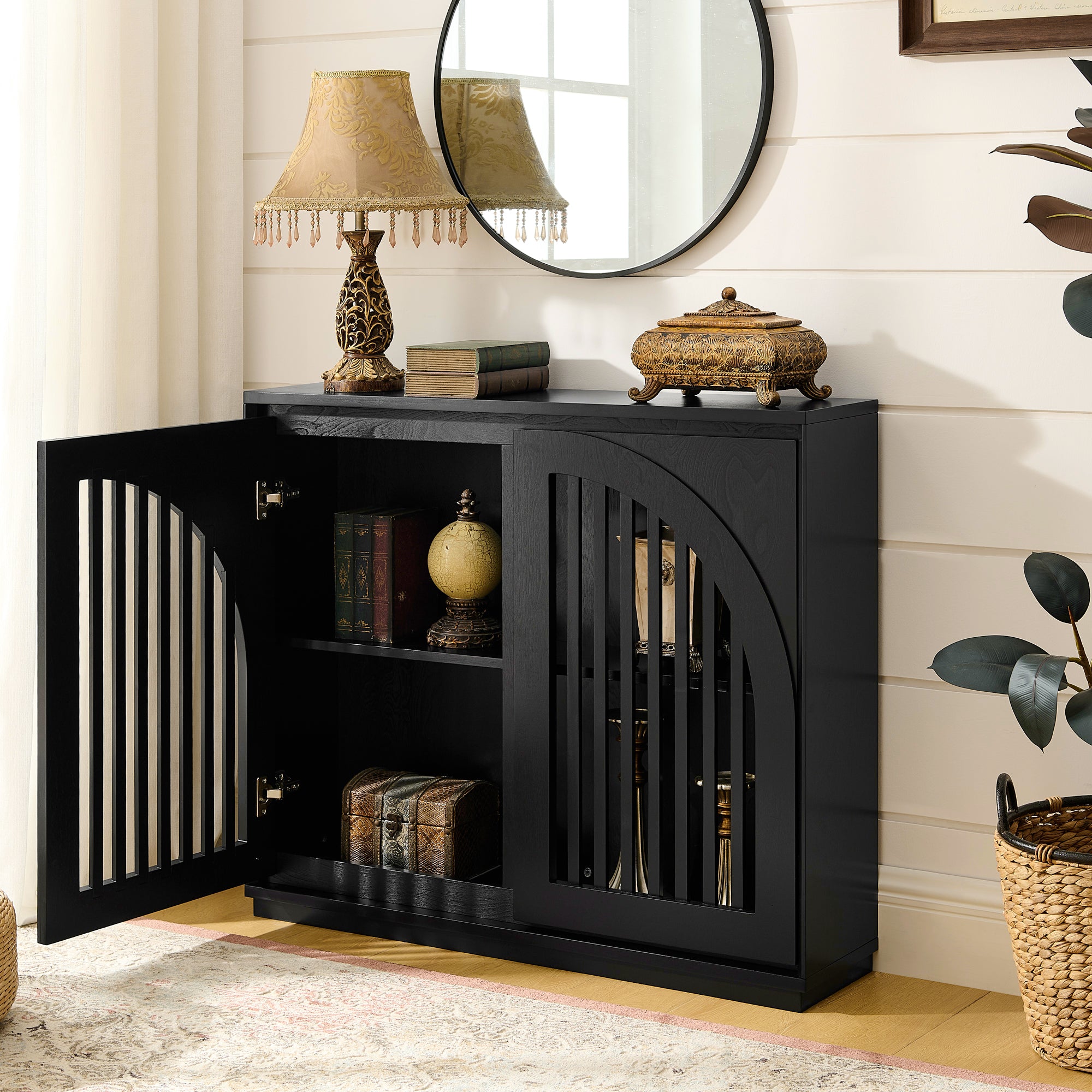 Mid-Century Modern Fluted Narrow Storage Cabinet with 2 Outlet Holes