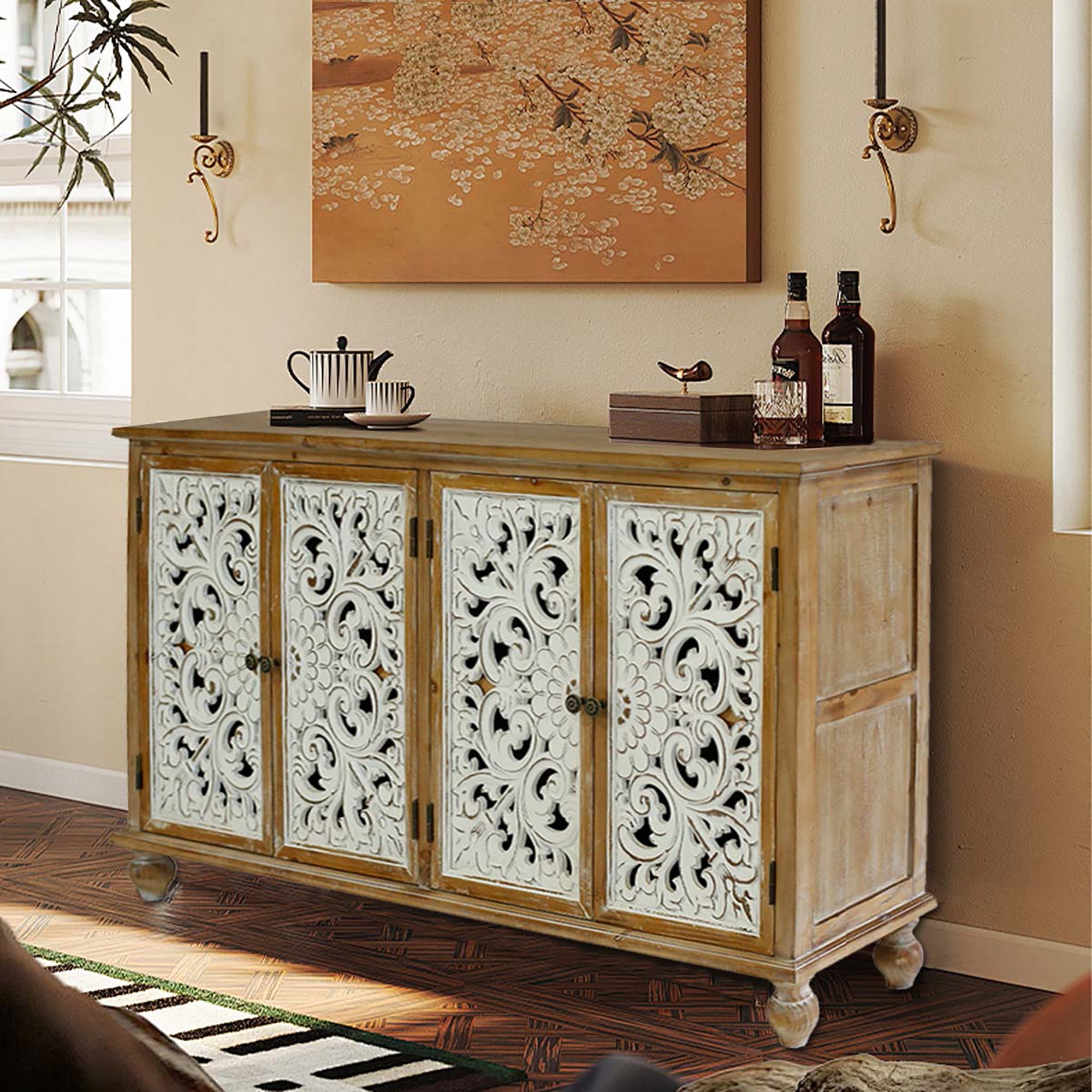Accent Cabinet with 4 Carved Floral Doors