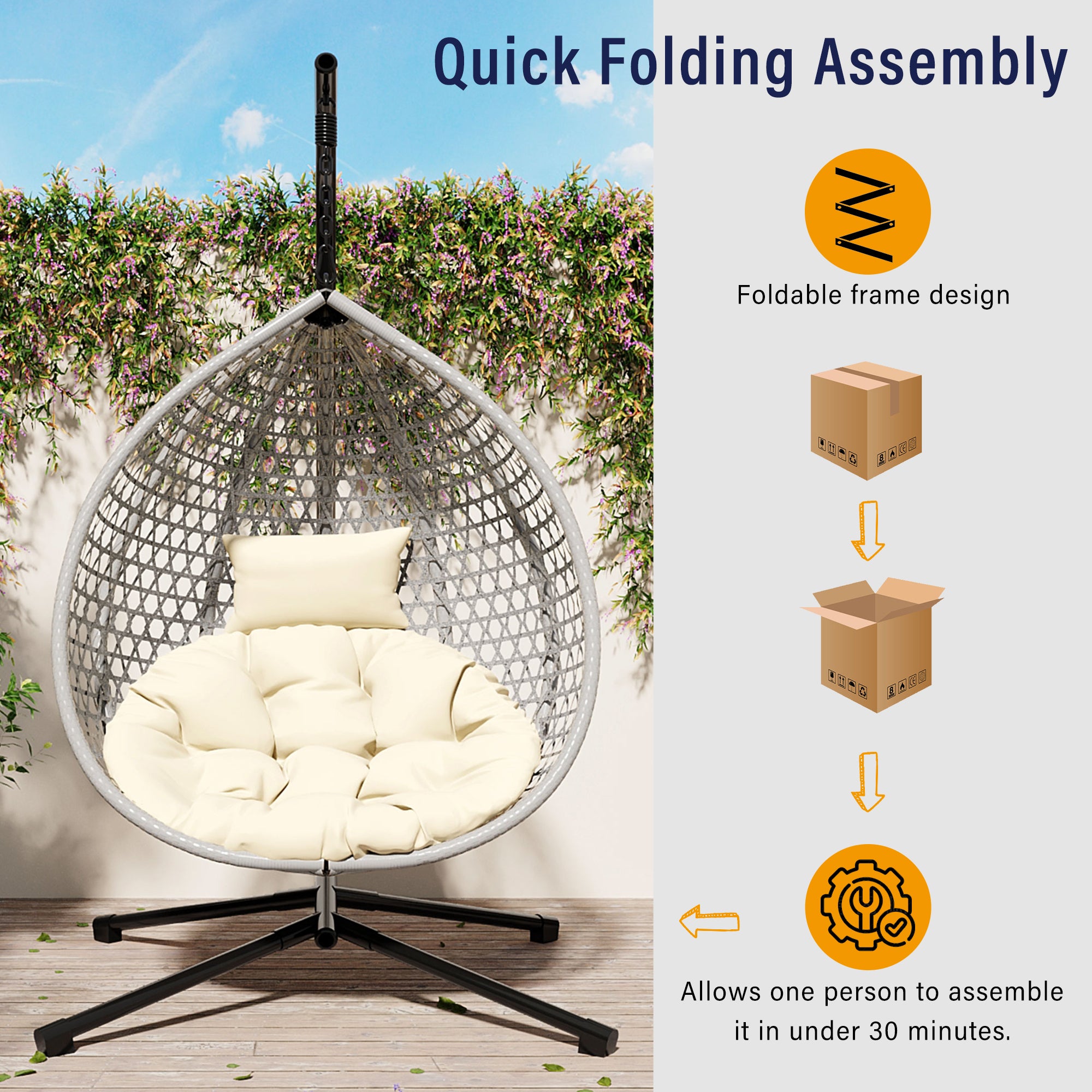 Hanging Swinging Egg Chair with Rattan Weaving, Base Included