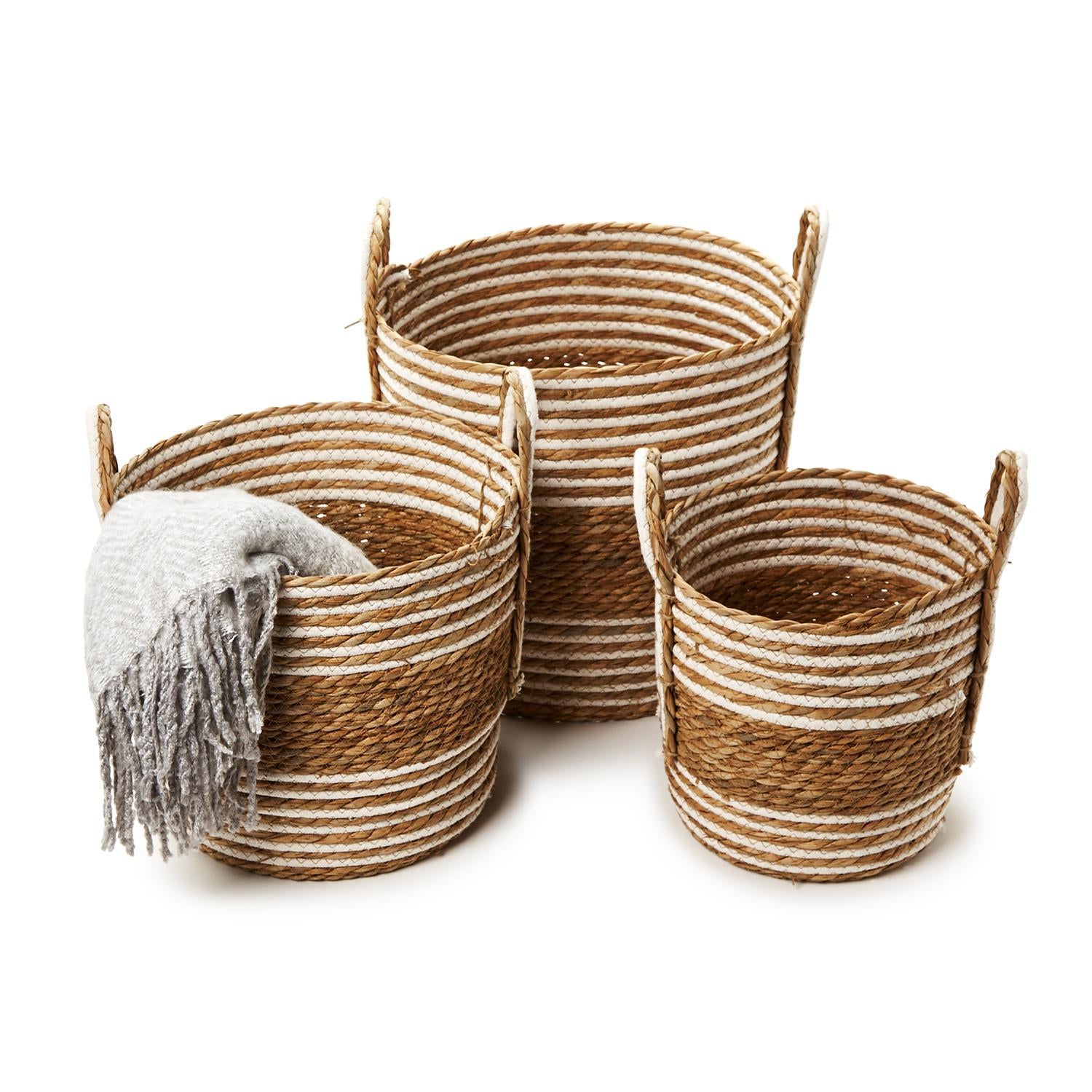 Hand-Woven Water Hyacinth and Cotton Baskets, Set of 3