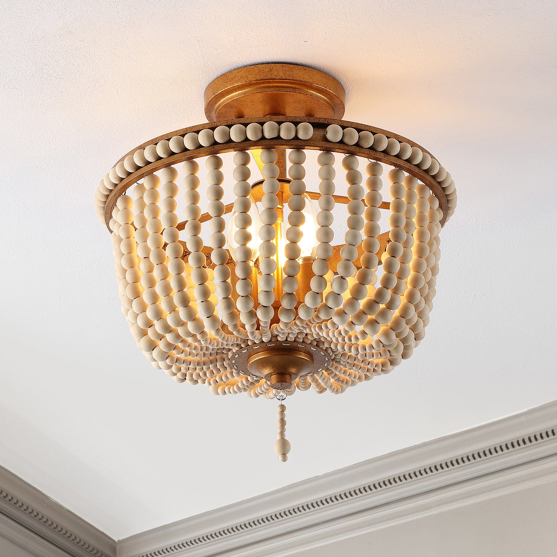 Allie 3-Light Bohemian Farmhouse Wood Bead/Iron LED Semi Flush Mount