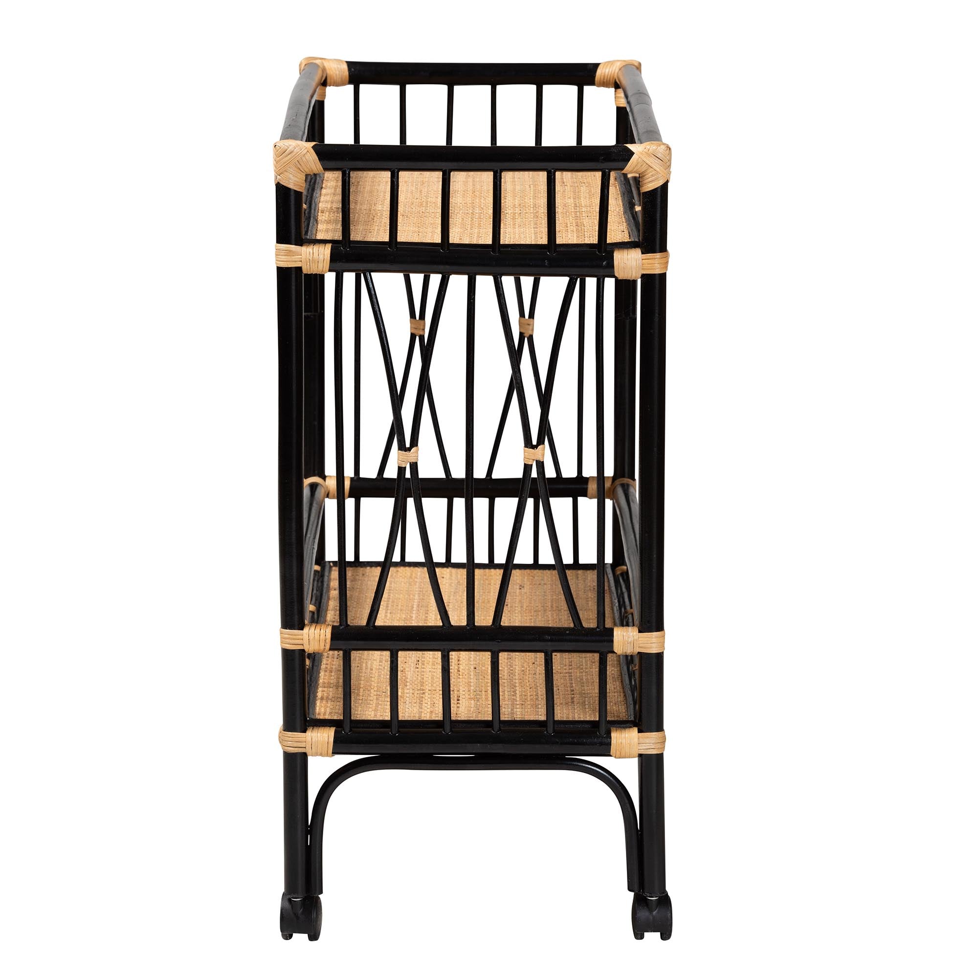 Bohemian Two-Tone Black and Natural Brown Rattan 2-Tier Bar Cart