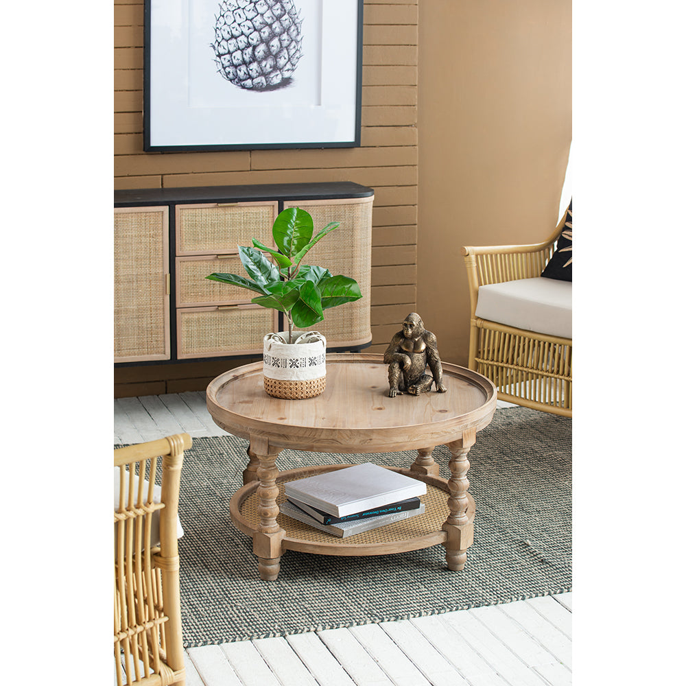 Round End Table with Bottom Shelf and Turned Legs