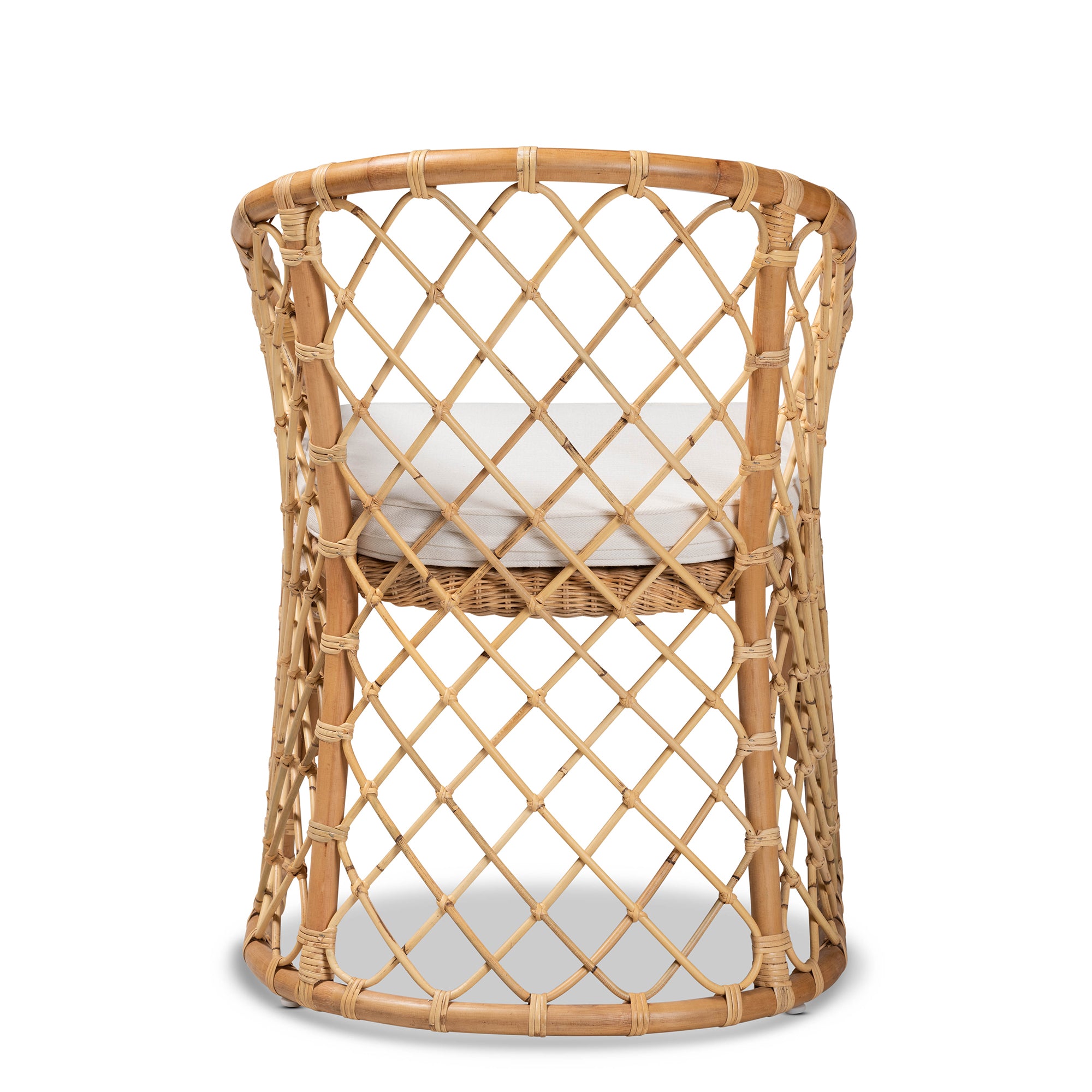 Modern Bohemian White Fabric Upholstered and Natural Brown Rattan Dining Chair