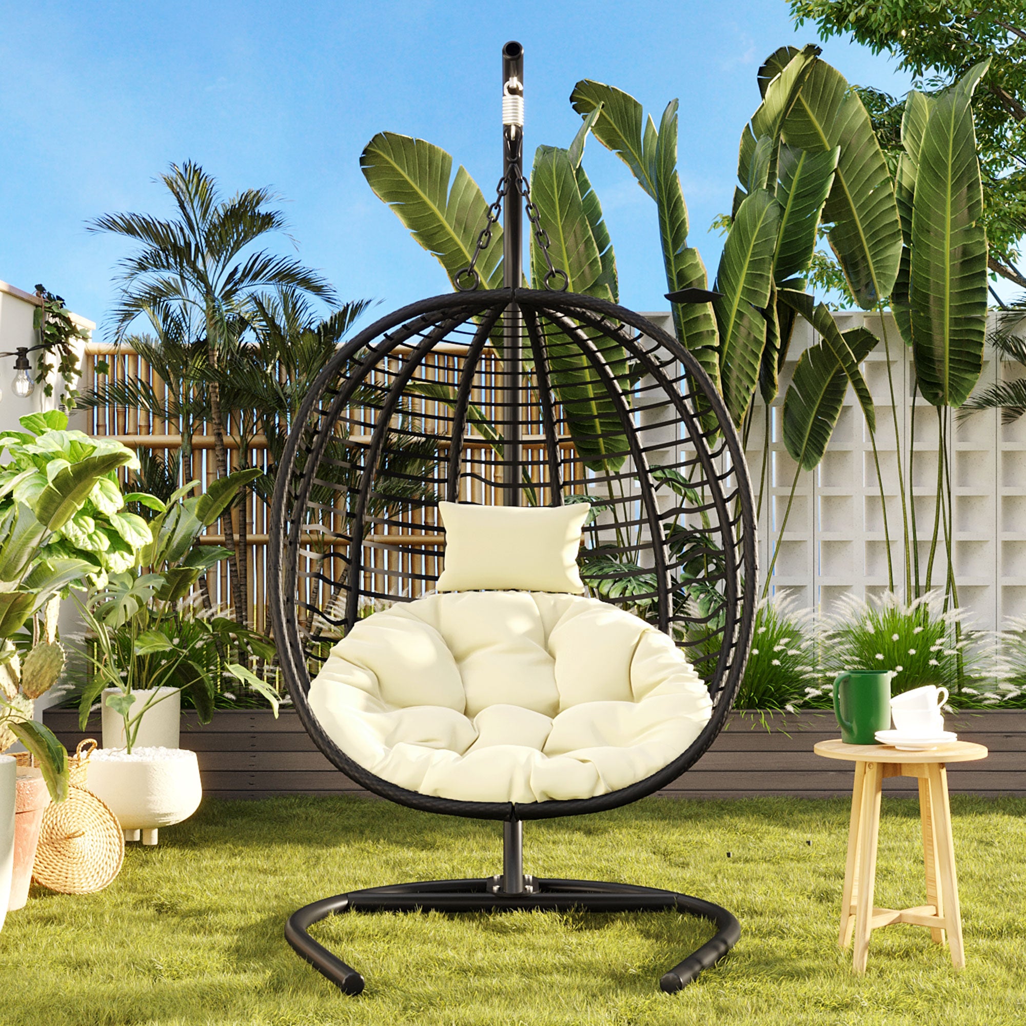 Folding Hanging Swinging Egg Chair with Stand & Tufted Cushion