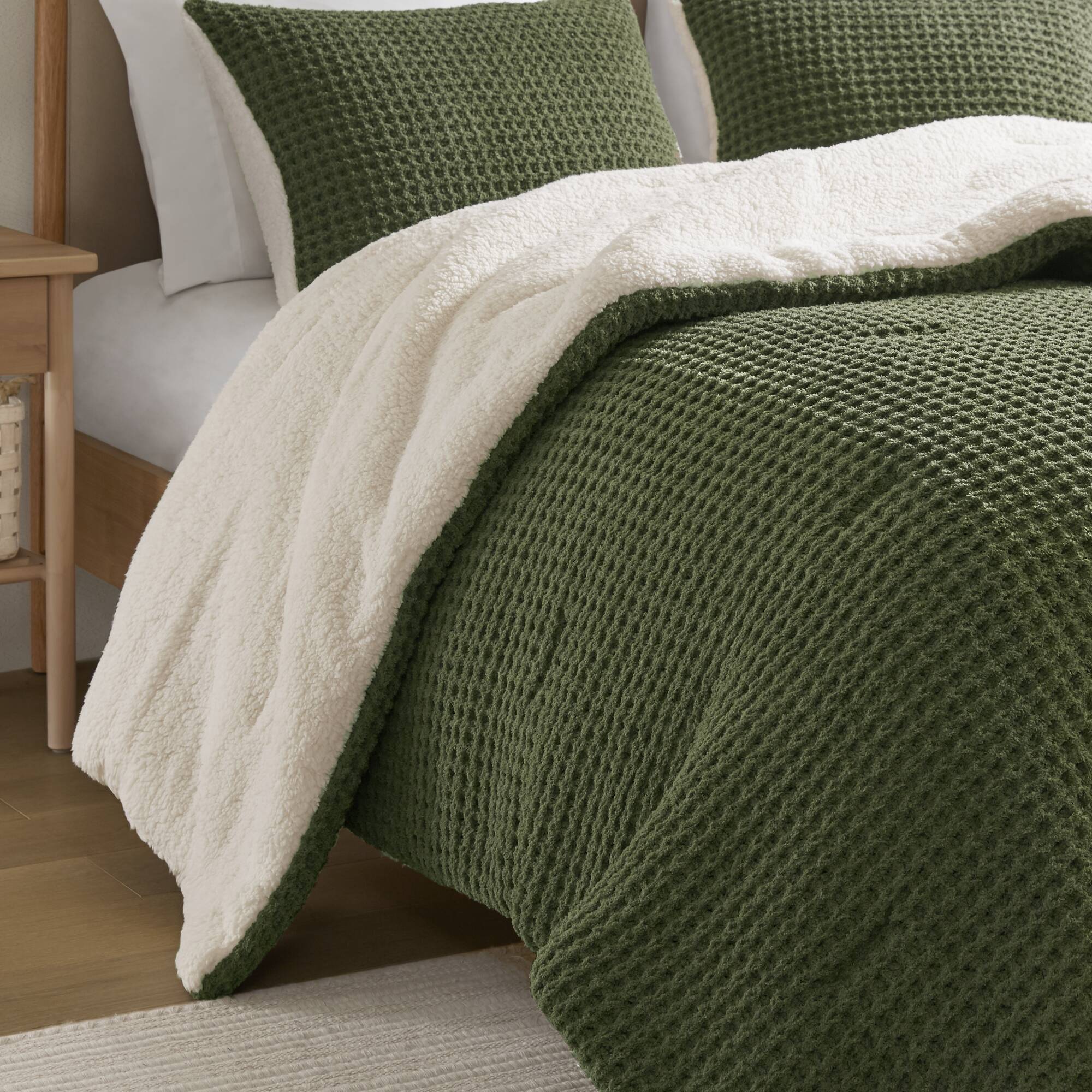 2 Piece Olive Waffle Knit Chenille Comforter Set