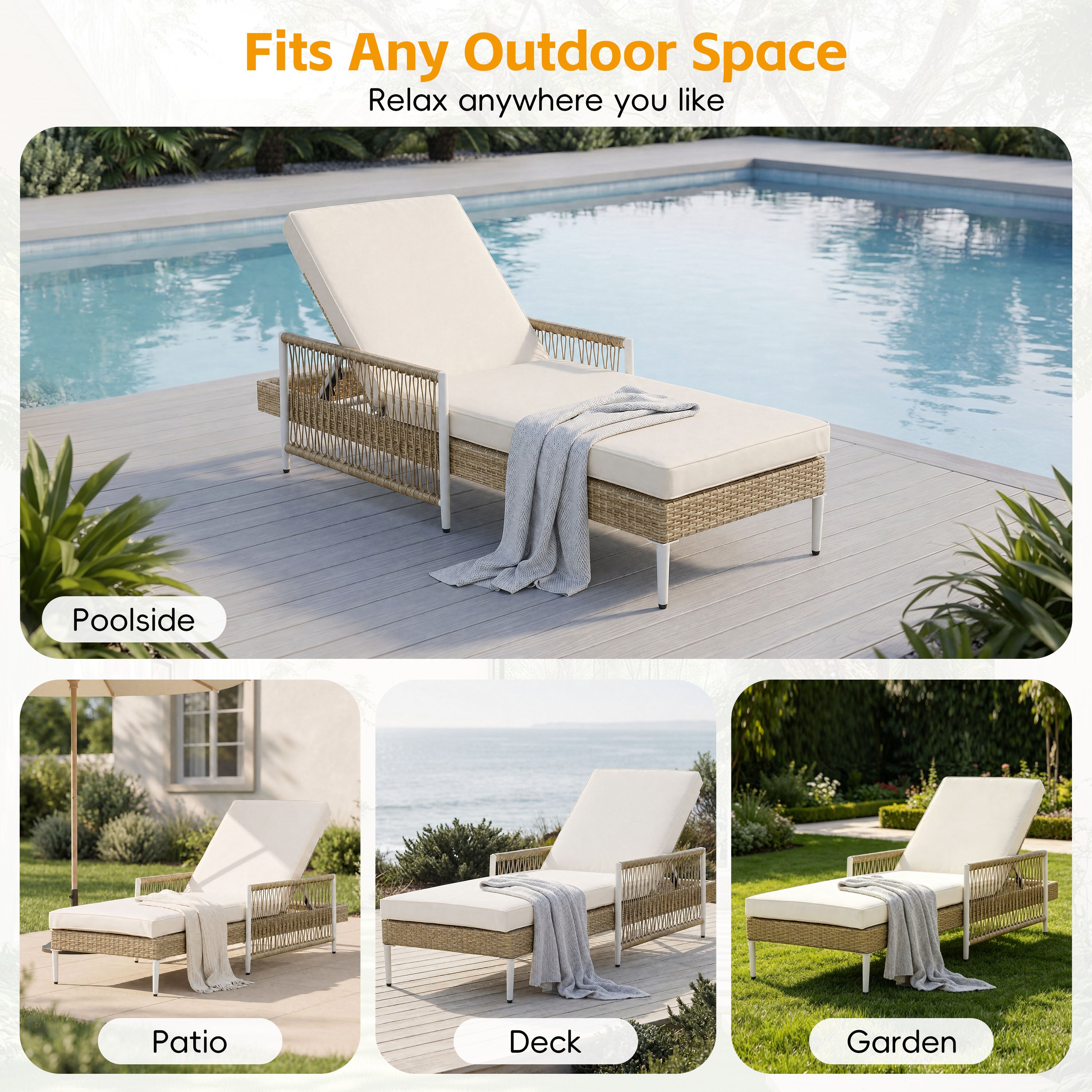 Outdoor All-Weather PE Rattan Chaise Lounge with 6 Gear Adjustable Recliner, Arms and Cushion