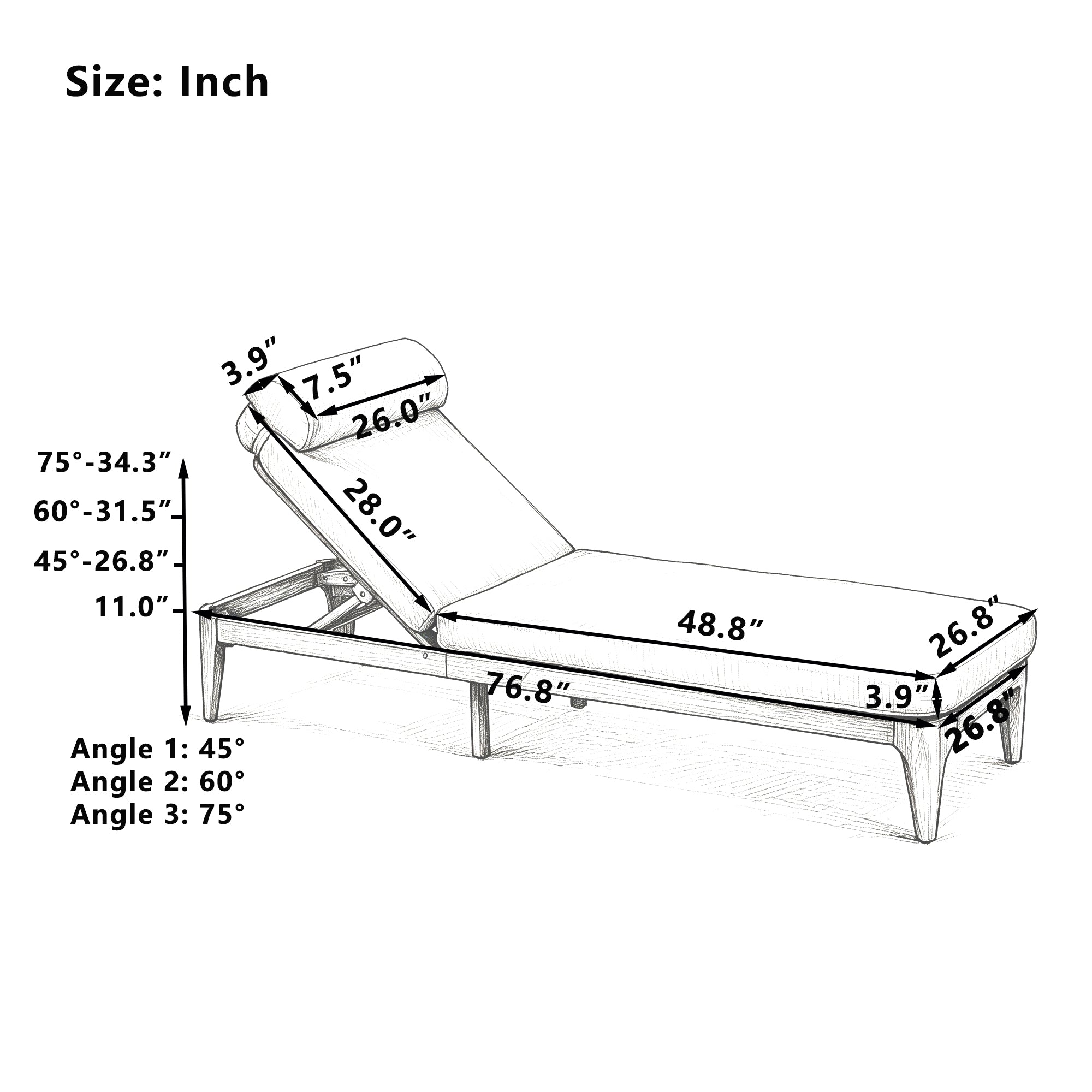 Outdoor Acacia Wood Sun Lounge Chair, Patio Recliner with Adjustable Backrest and Head Pillow