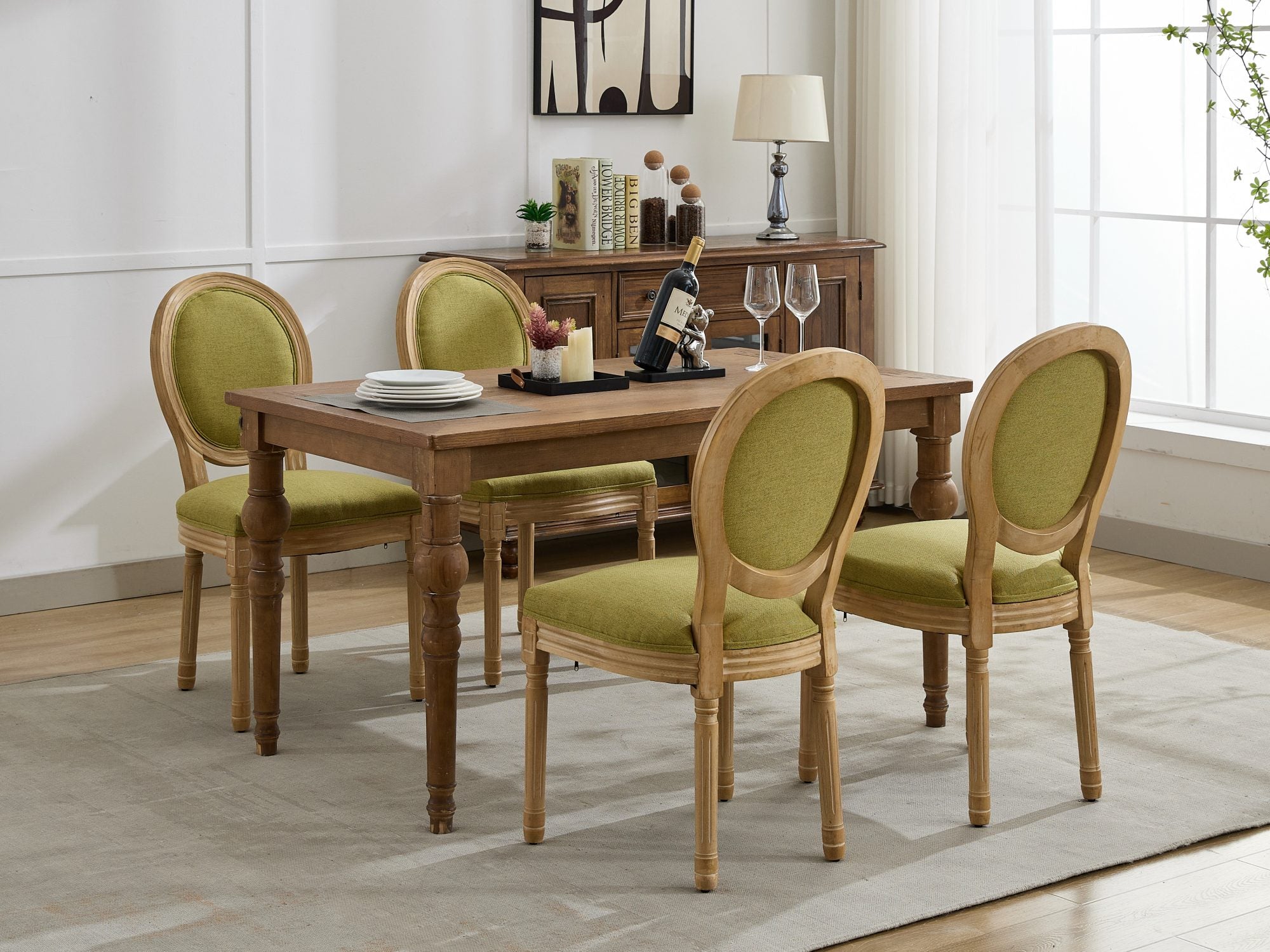 French Country Dining Chairs with Round Upholstered Backrest, Set of 2