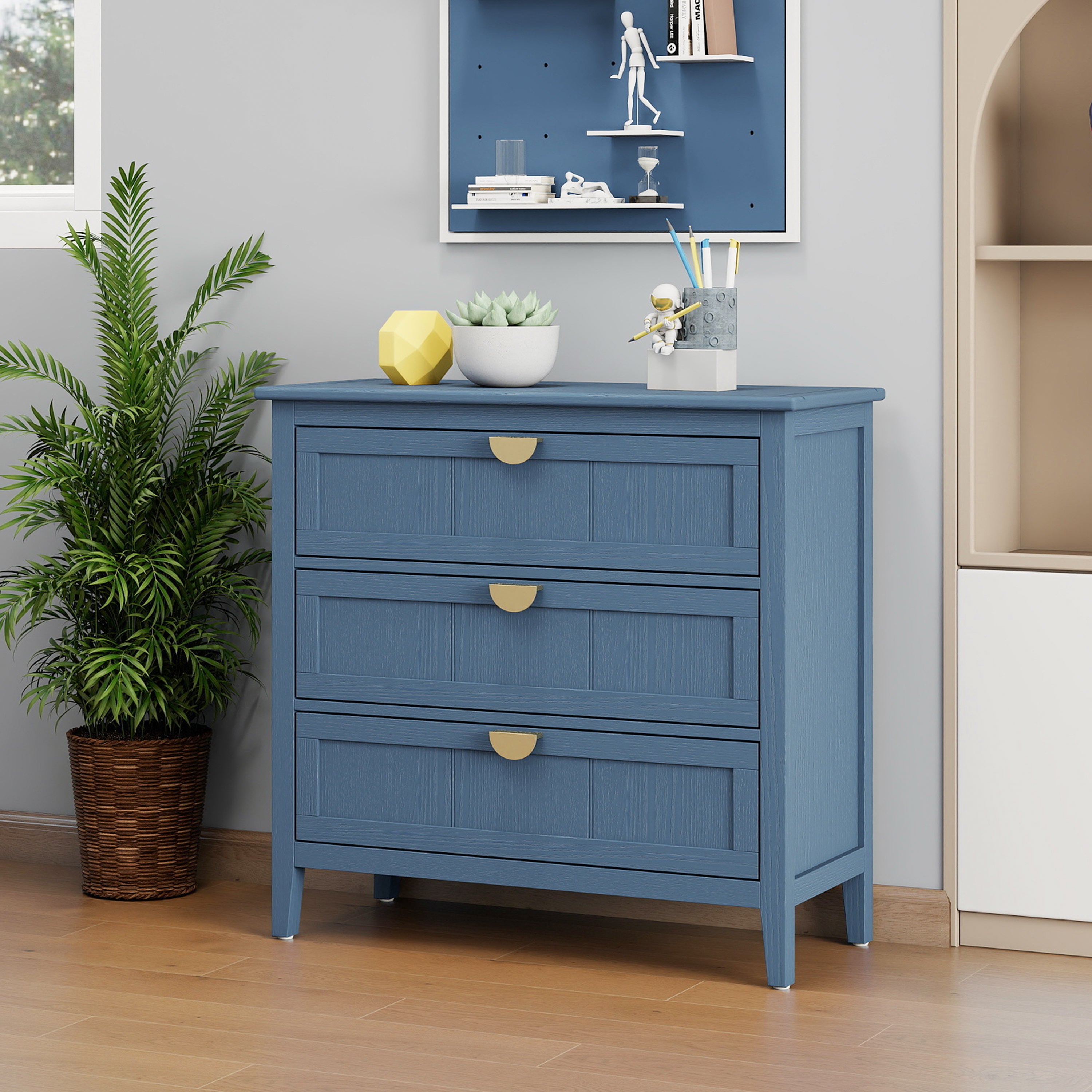 blue 3 drawer dresser Hassch Modern Storage Drawers with Pull-out Tray for Bedroom Living Room, finished metal handles and smooth soft 3-Drawer Chest - Pier 1