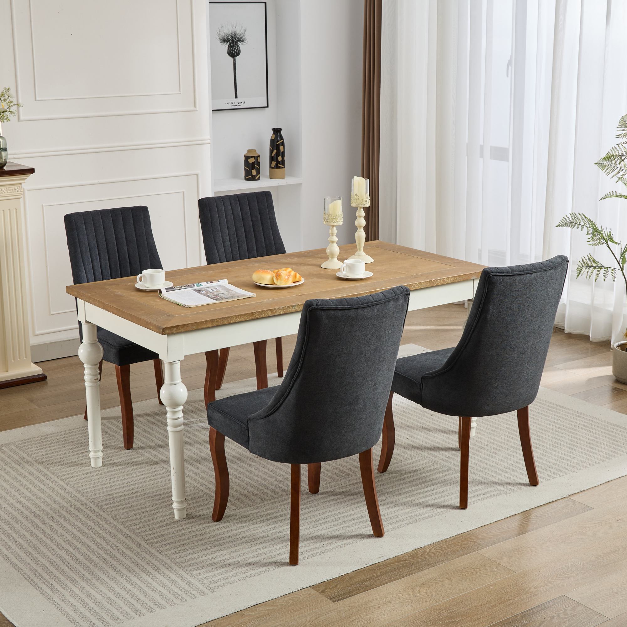 Rayon Cloth Flocking Linen Dining Chairs Channel Kitchen Dinner Chair Comfy Fabric Upholstered Accent Chair for Dining Room with Curved Solid Wood Legs,Set of 2 (Black), SW1847BK