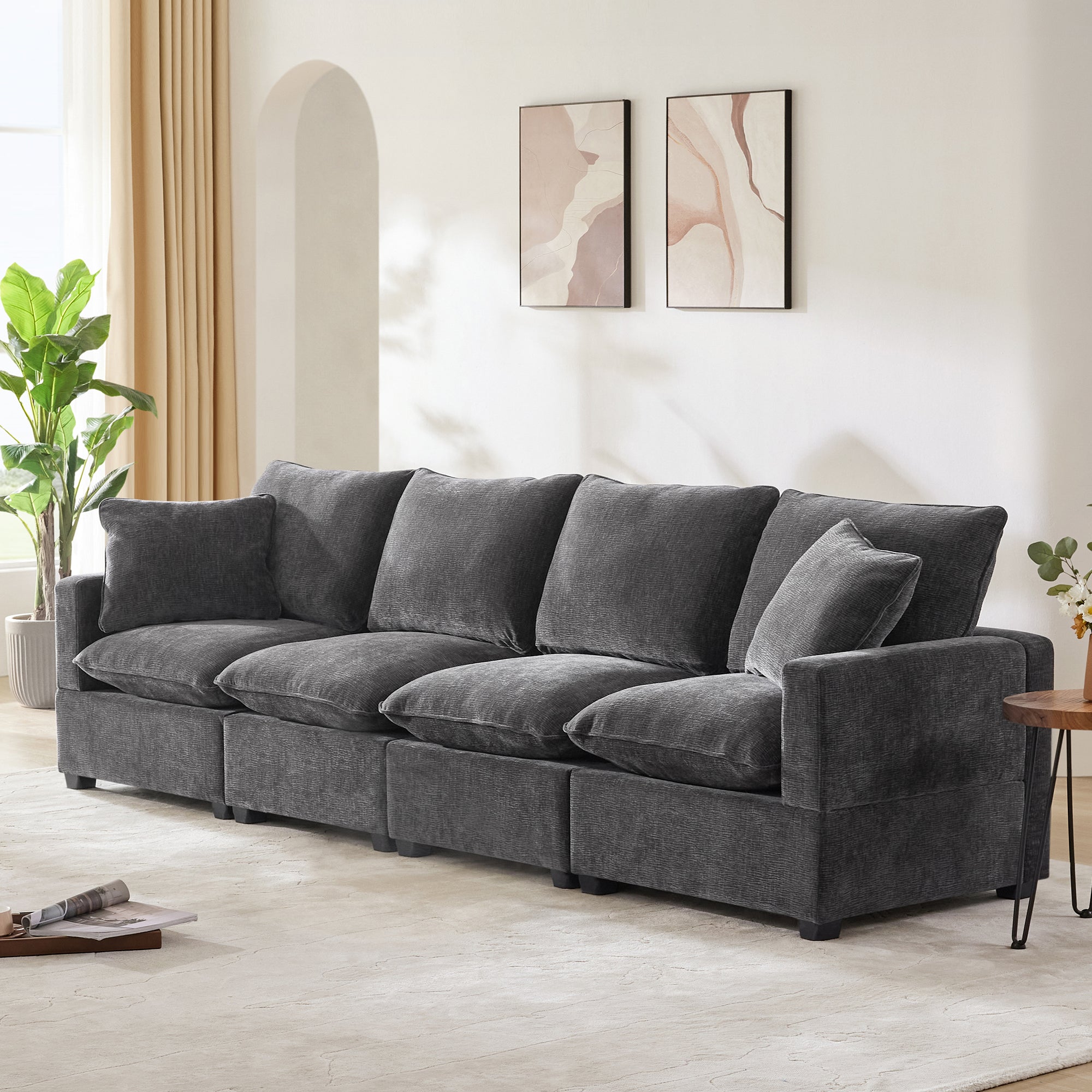 Chenille Modular Sofa with 2 Pillows, Seats 4