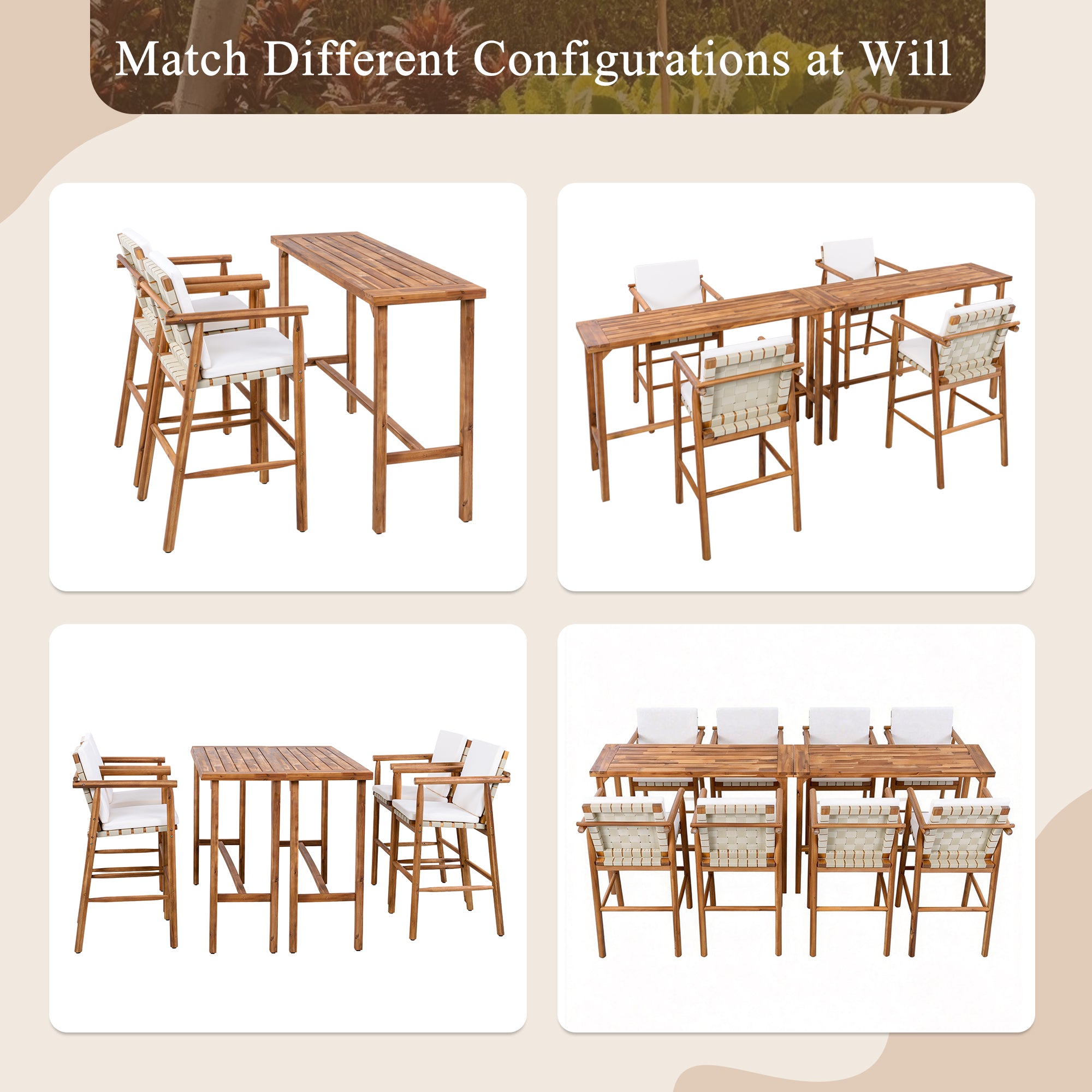 3 Piece Outdoor Bar Set with Acacia Wood Bar Height Table & 2 Stools with Cushions