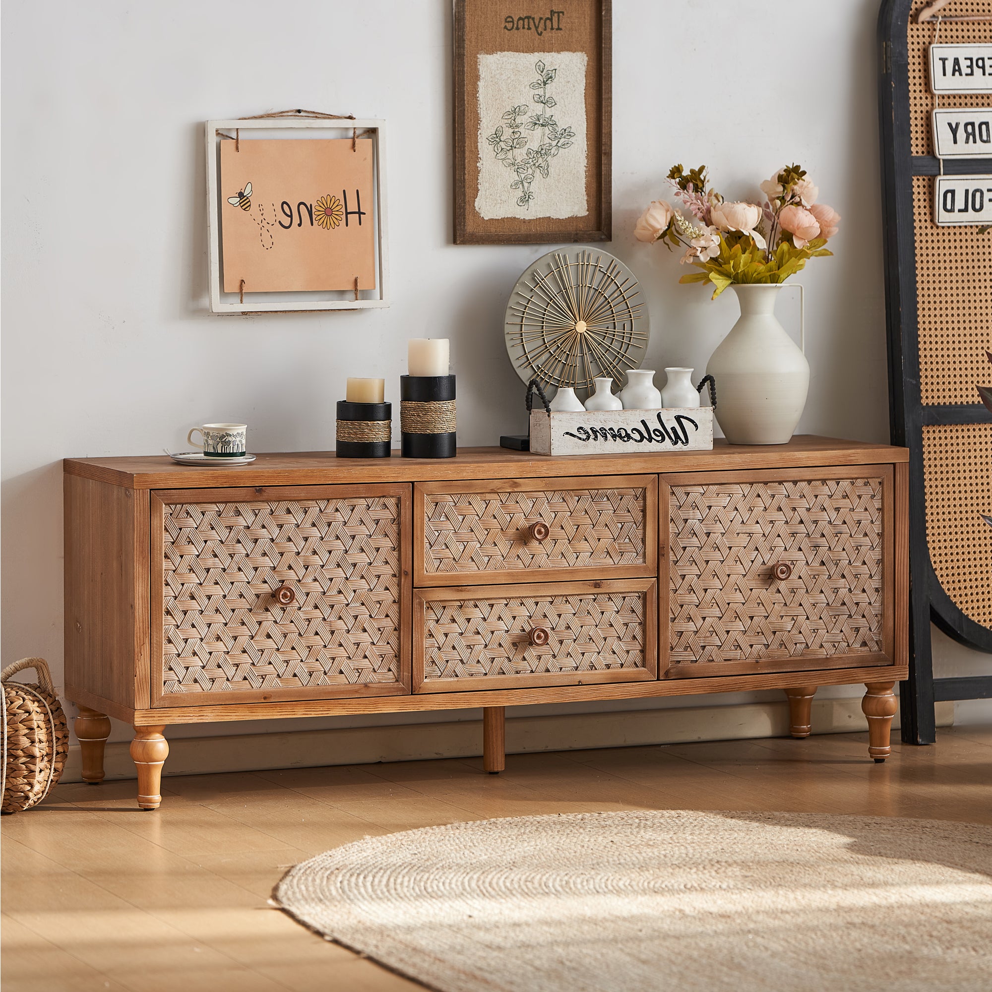 Mid-Century Modern Rattan Distressed TV Stand
