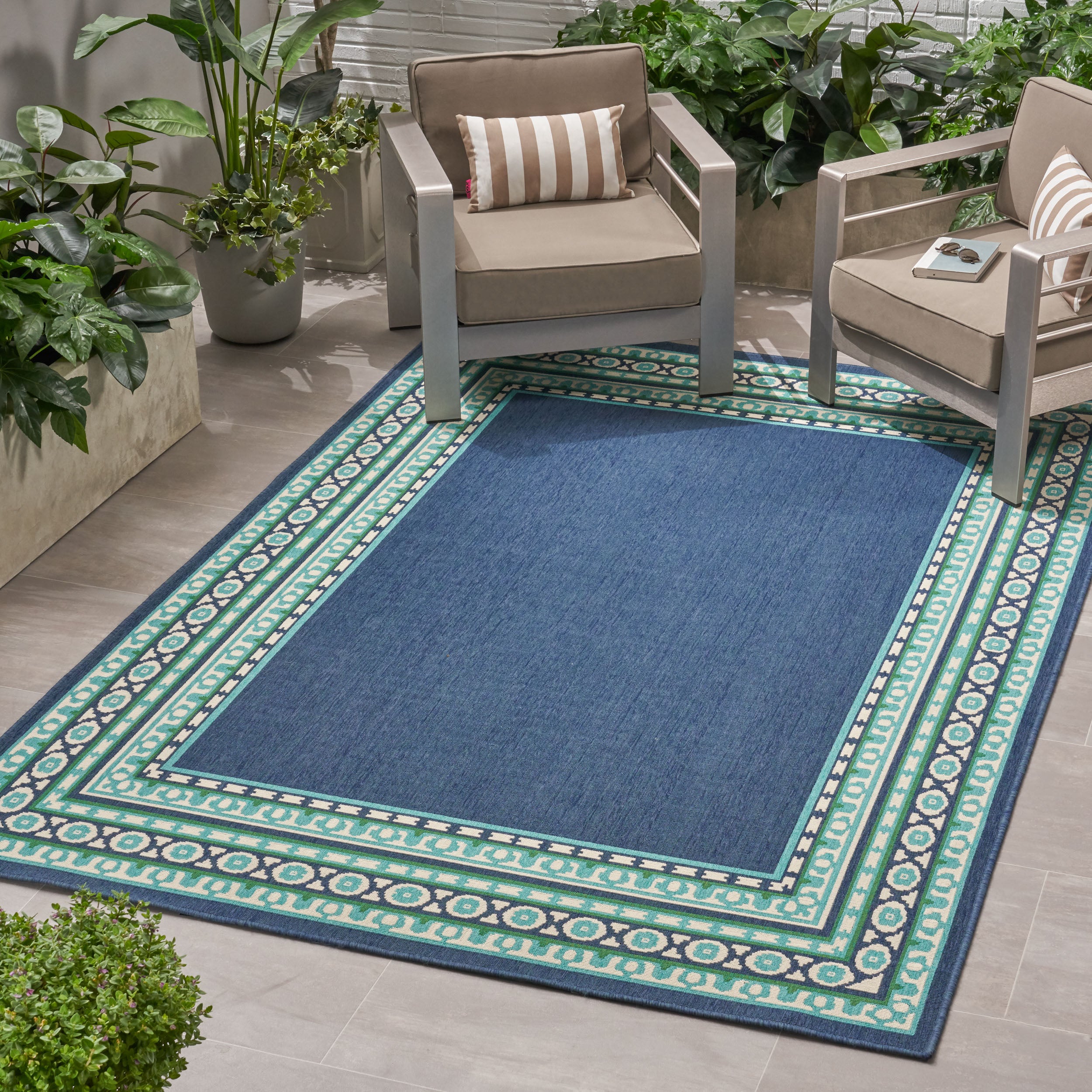 110"x79" Outdoor Rug with Rectangle Shape and Geometric Border Design