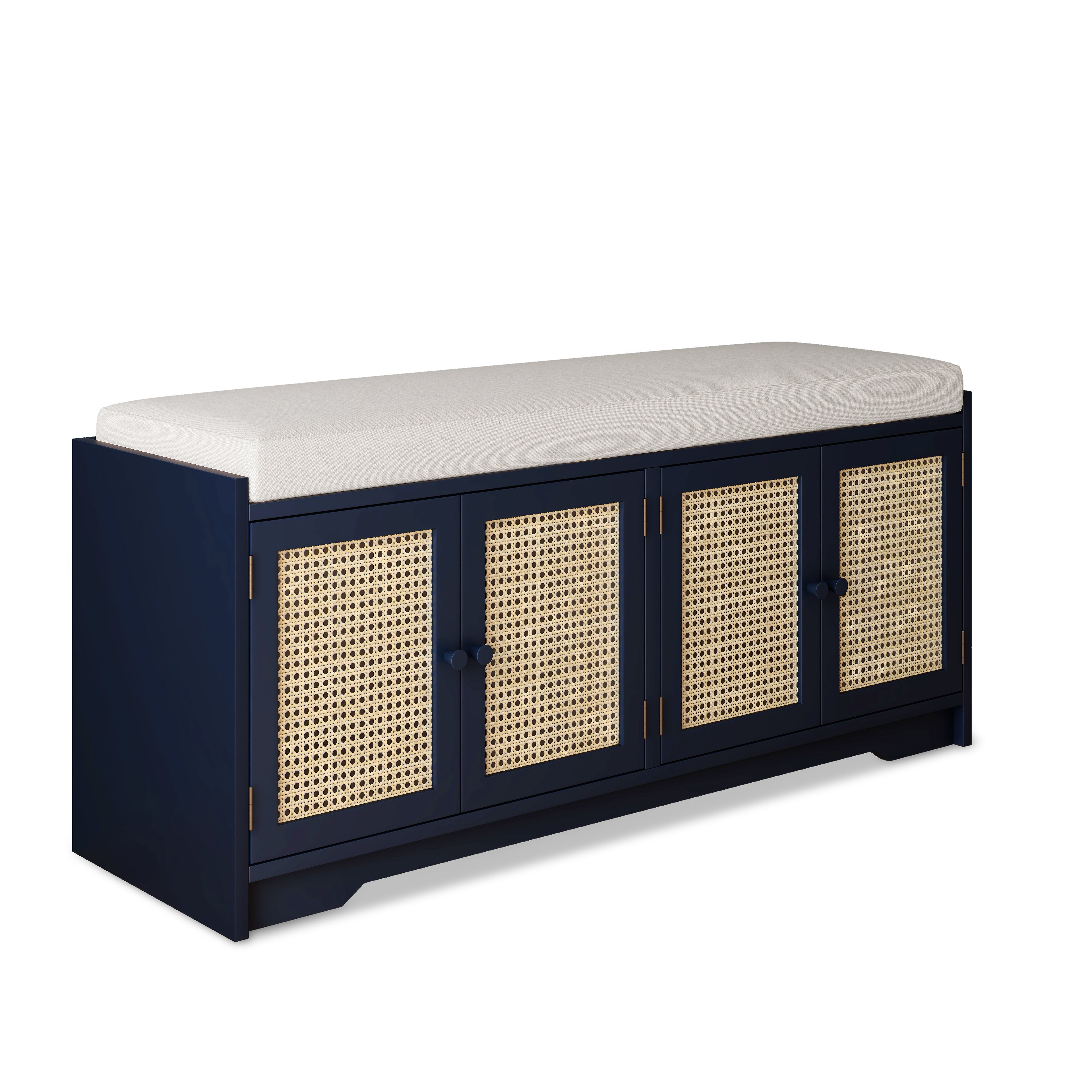 Upholstered Bench with Storage Cabinet and 4 Rattan Doors