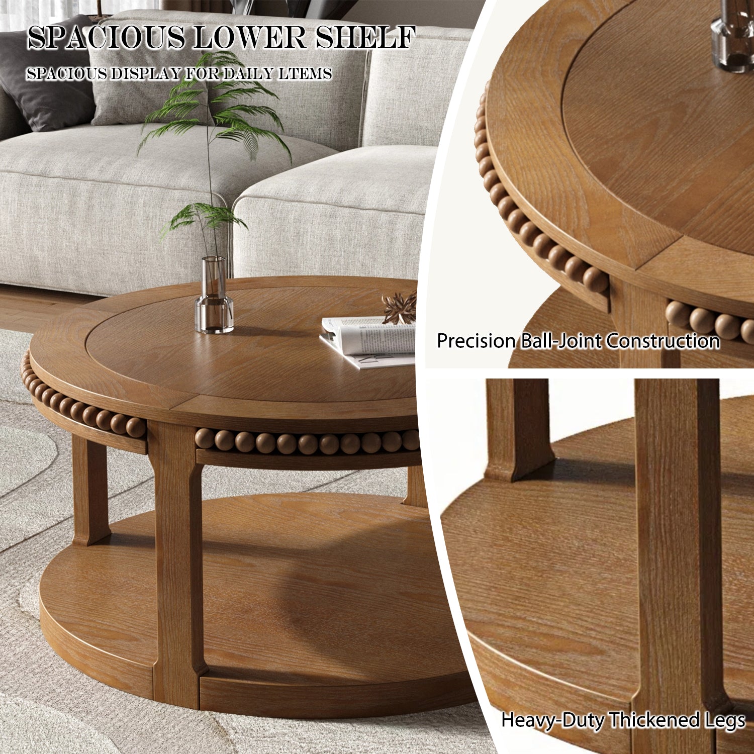 Round Solid Wood Coffee Table with Beaded Accent Edge