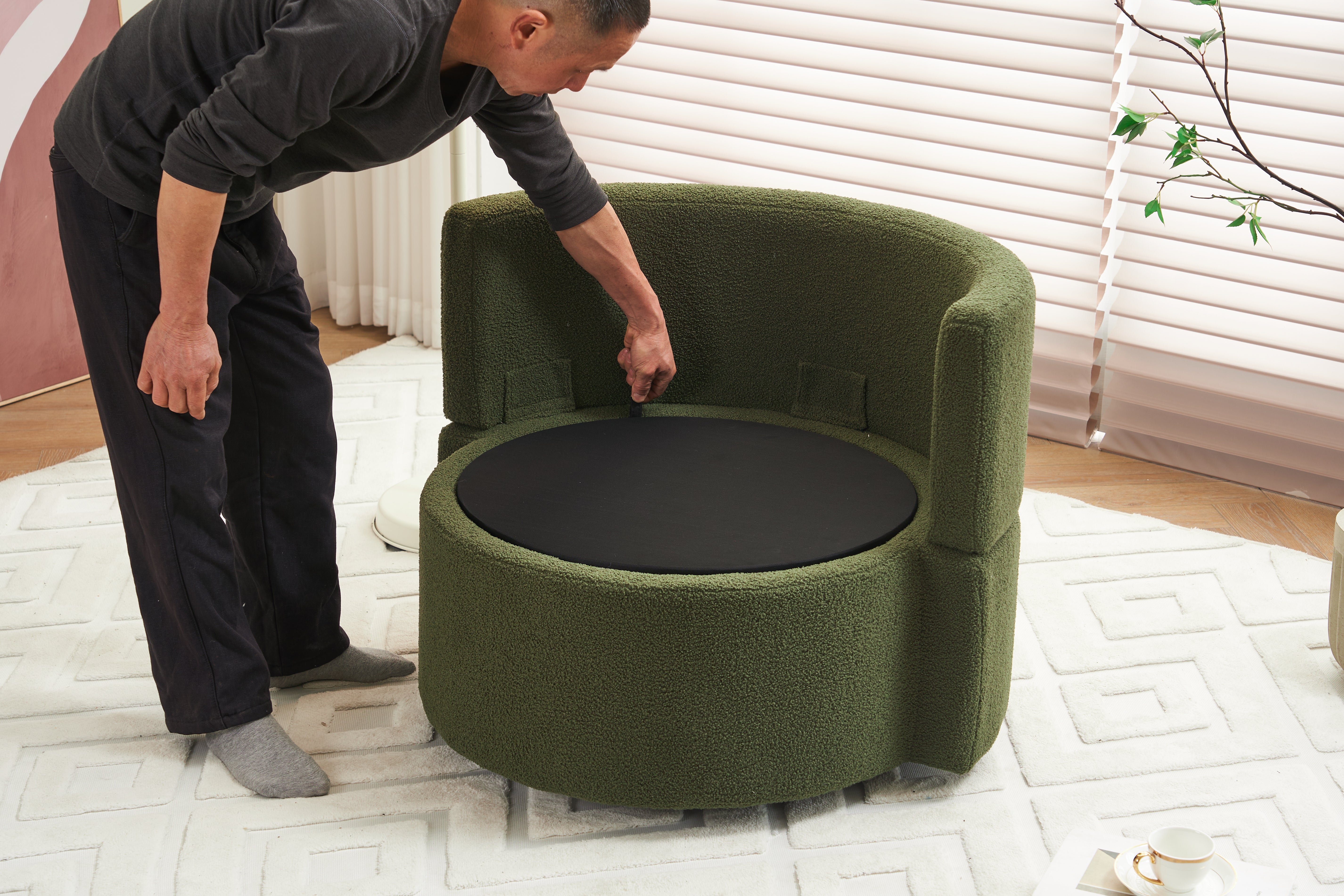 Upholstered Swivel Chair with 3 Throw Pillows and Storage